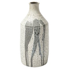 Mid-Century Modernist Ceramic Vase in Light Grey W/ Muted Blue Drip Detailing