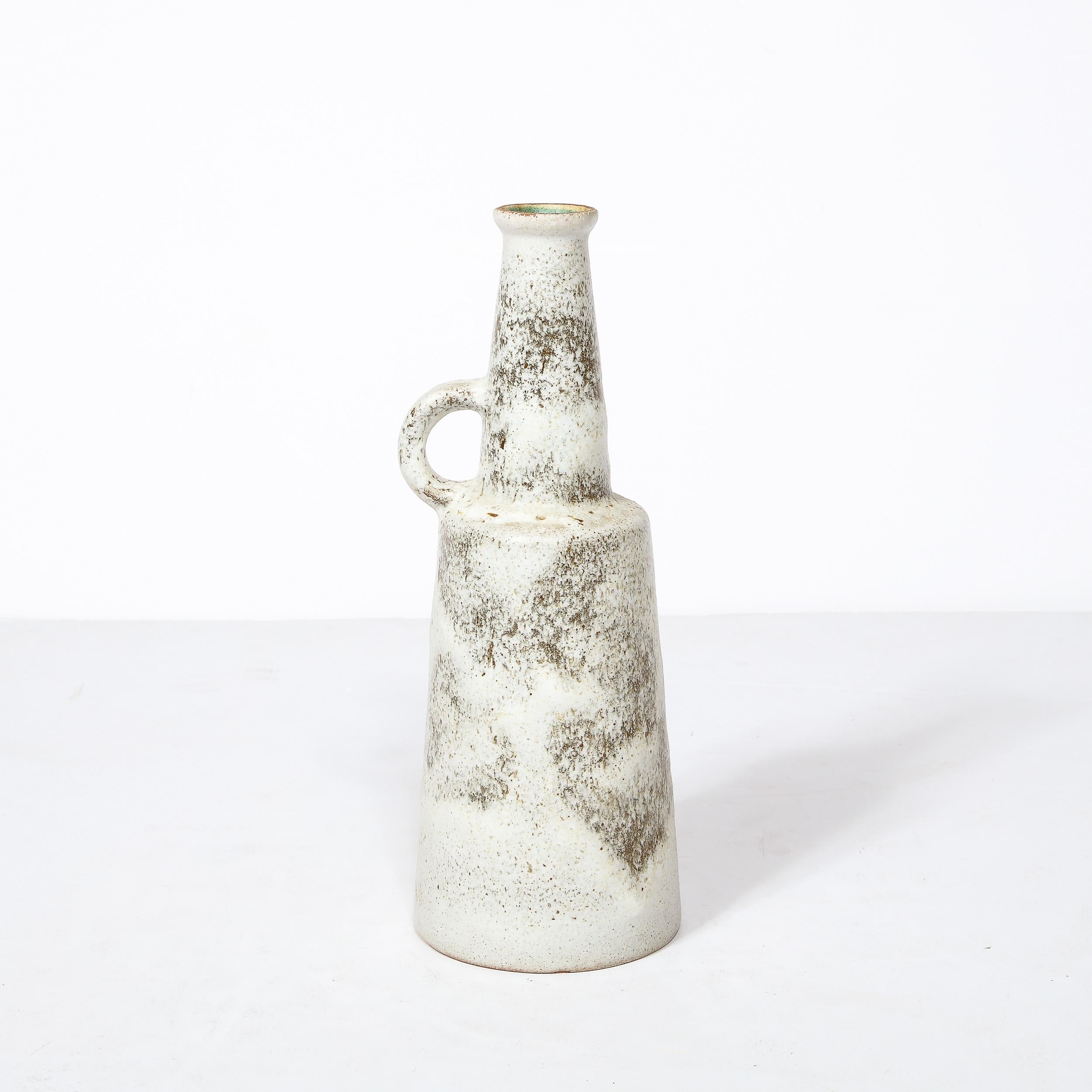 Mid-Century Modernist Ceramic Vase in Speckled Black & White Glaze w/ Handle For Sale 1