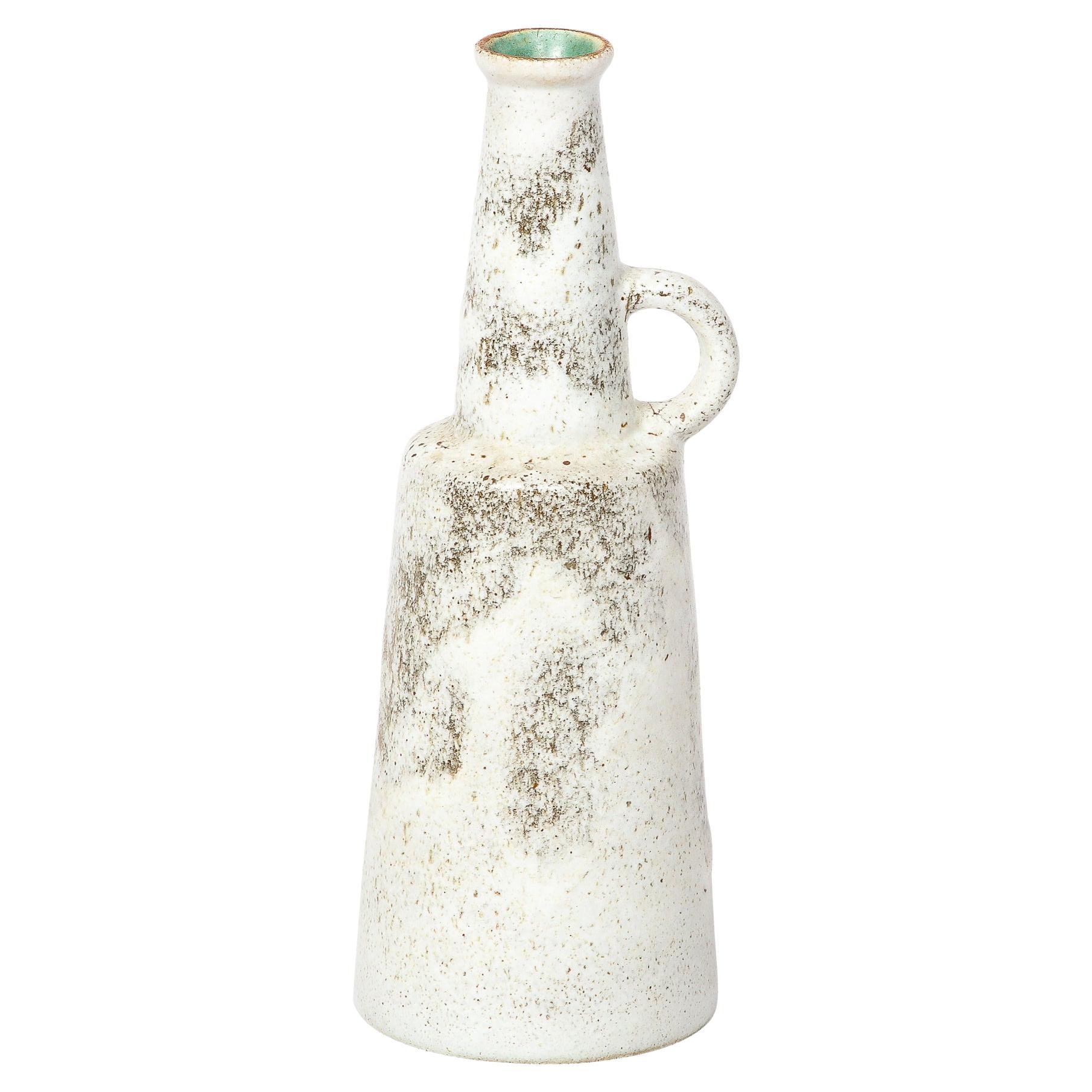 Mid-Century Modernist Ceramic Vase in Speckled Black & White Glaze w/ Handle For Sale