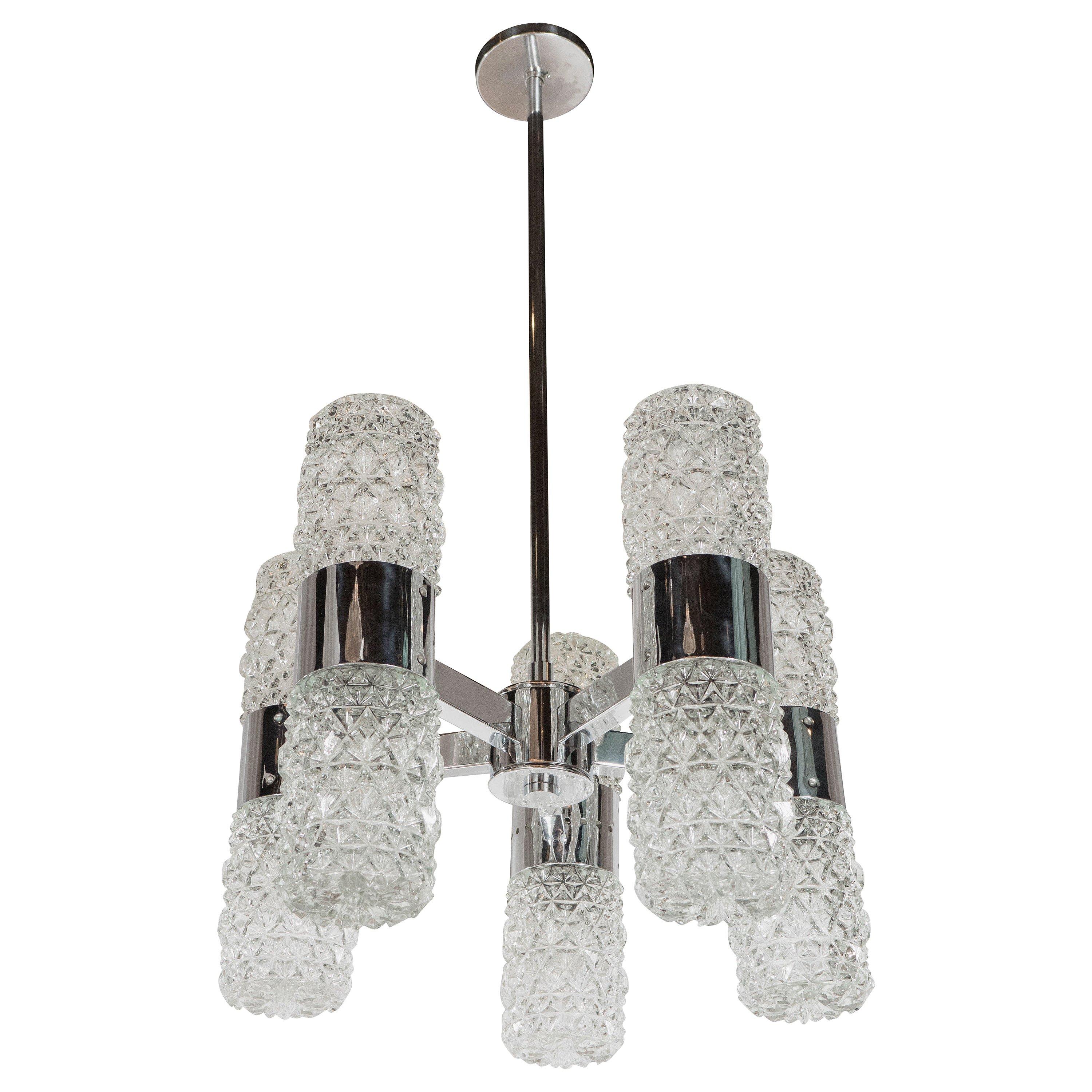 Mid-Century Modernist Chandelier by Kinkeldey in Chrome and Textured Glass For Sale
