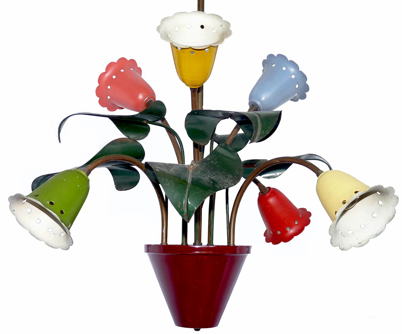 Midcentury modernist chandelier flower bouquet in the style of Stilnovo 6-light.
Measures:
Diameter 60 in/ 60 cm
Height 48 in/ 85 cm.
6 light bulbs/ Good working condition
 Assembly required. Bulbs not included.
Signs of wear on the paint. Signs of