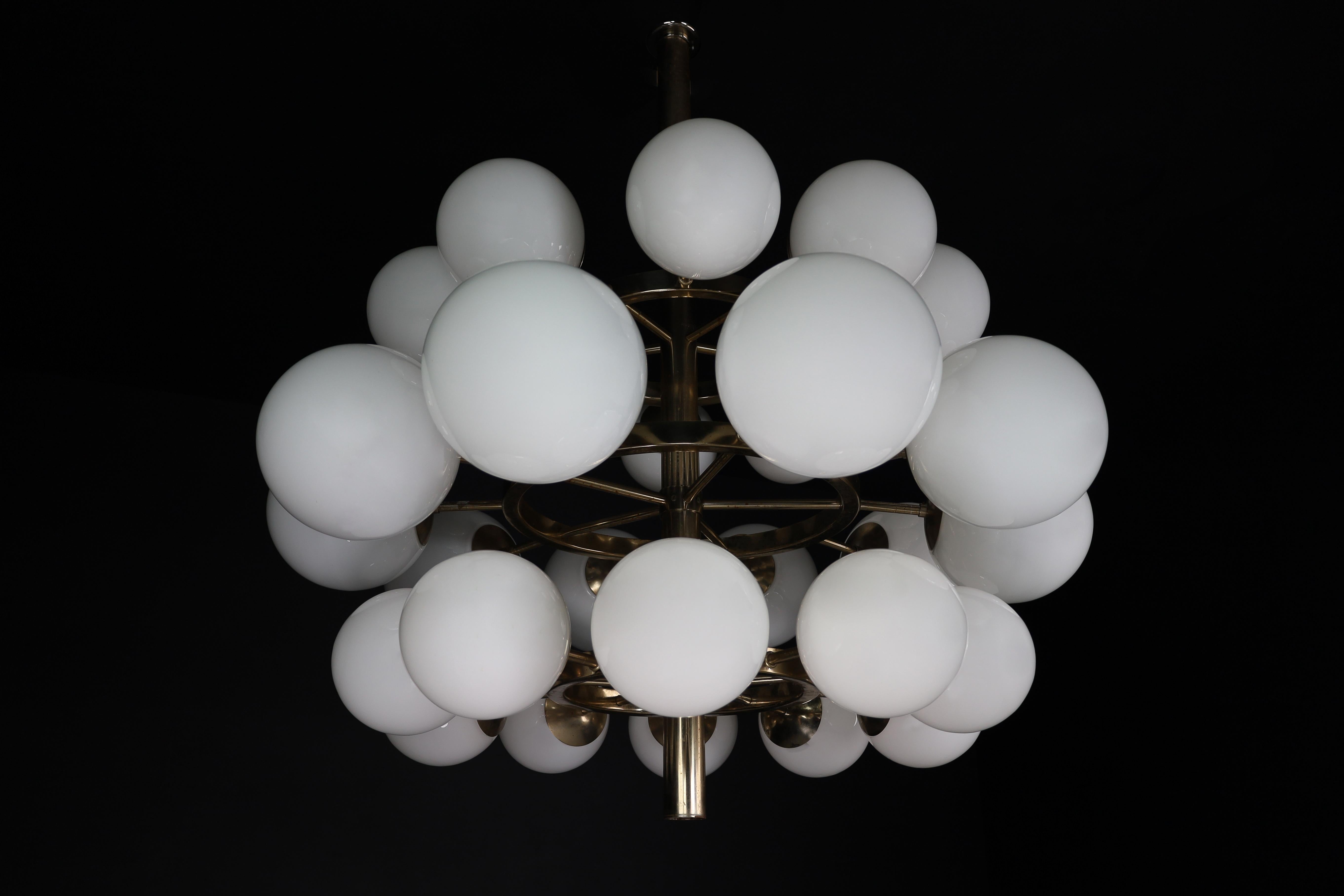 Metal Mid-Century Modernist Chandelier with 30 Handblown Opaline Glass Globes For Sale