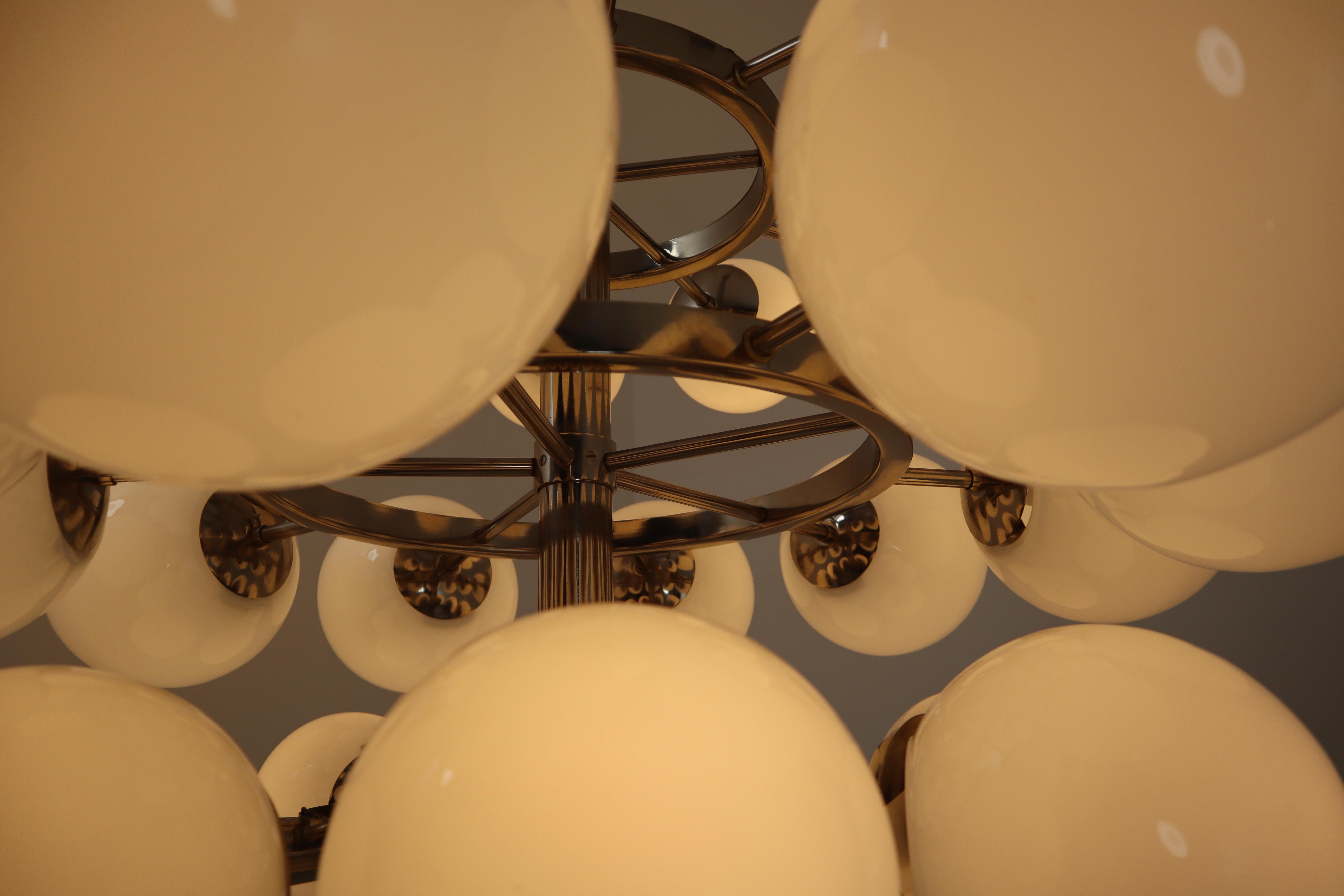 Metal Mid-Century Modernist Chandelier with 30 Hand Blown Opaline Glass Globes