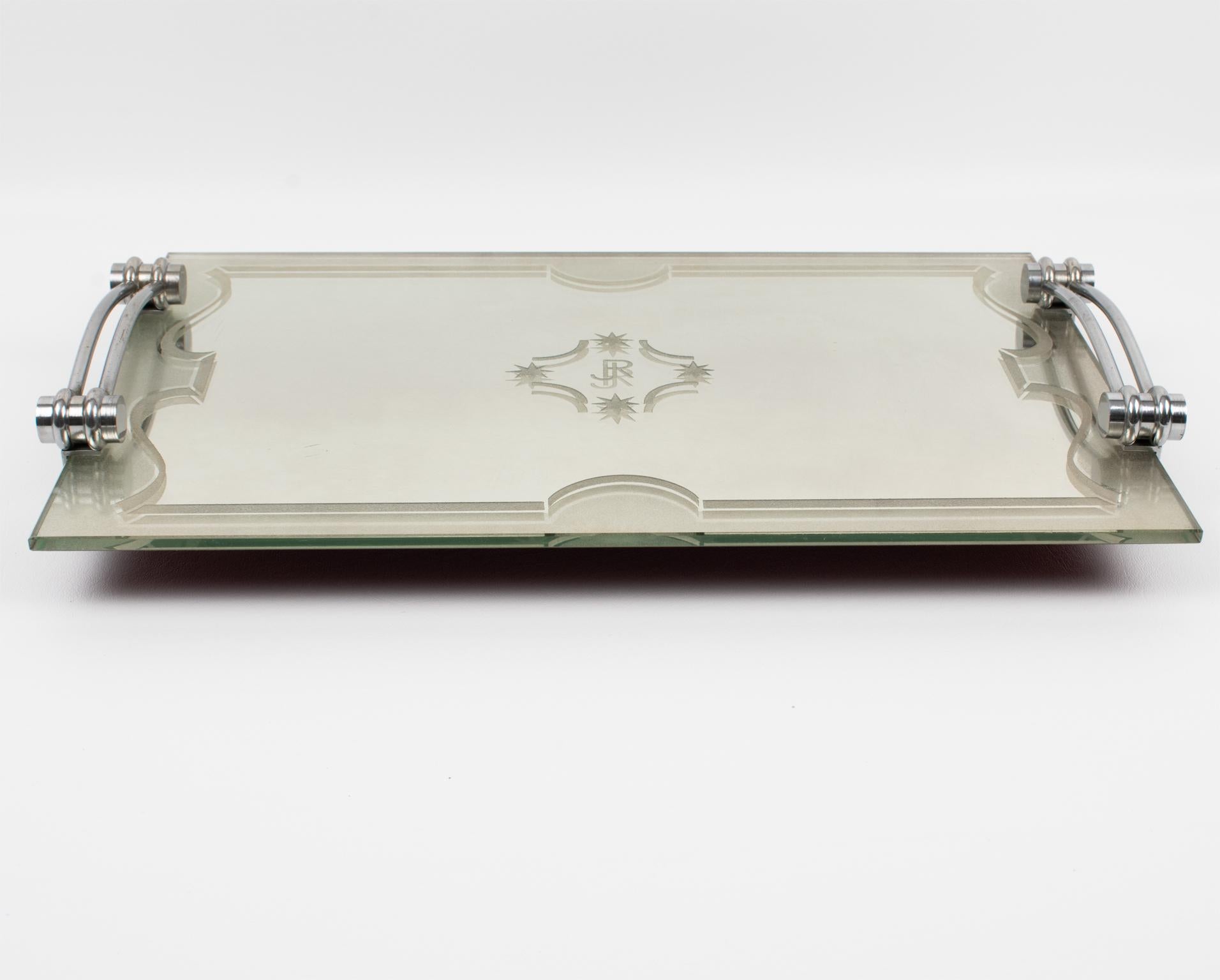 French Art Deco Modernist Chrome and Mirror Barware, Dresser Tray
