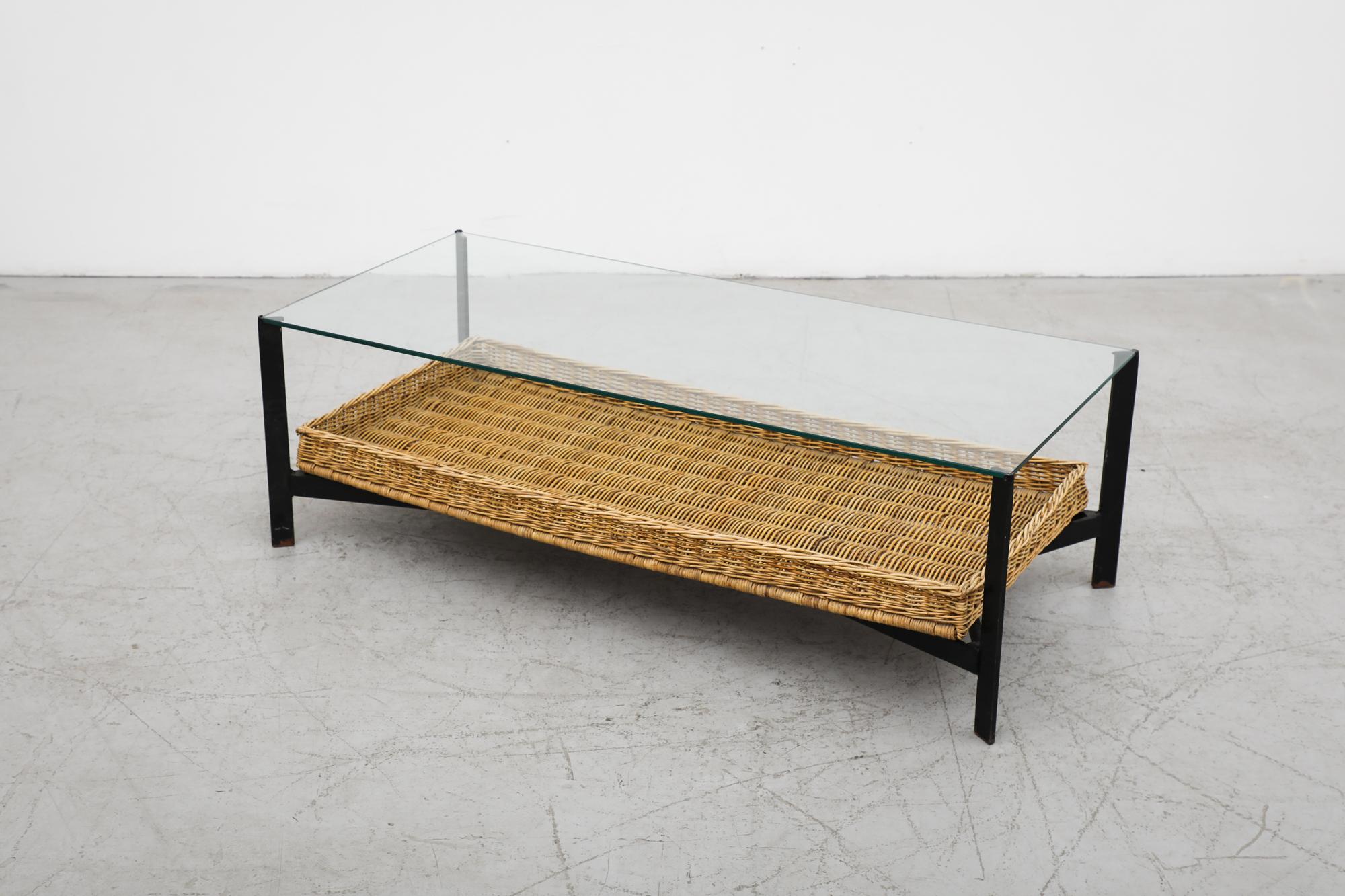 Mid-Century Modern Black Metal Rectangle Coffee Table, Glass Top & Rattan Basket In Good Condition For Sale In Los Angeles, CA