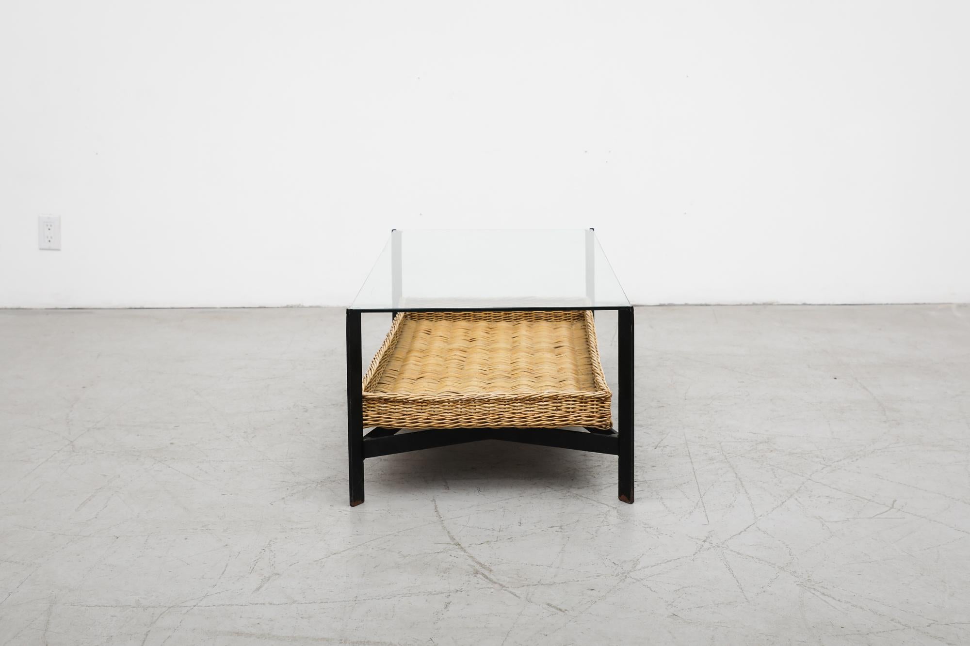 Late 20th Century Mid-Century Modern Black Metal Rectangle Coffee Table, Glass Top & Rattan Basket For Sale