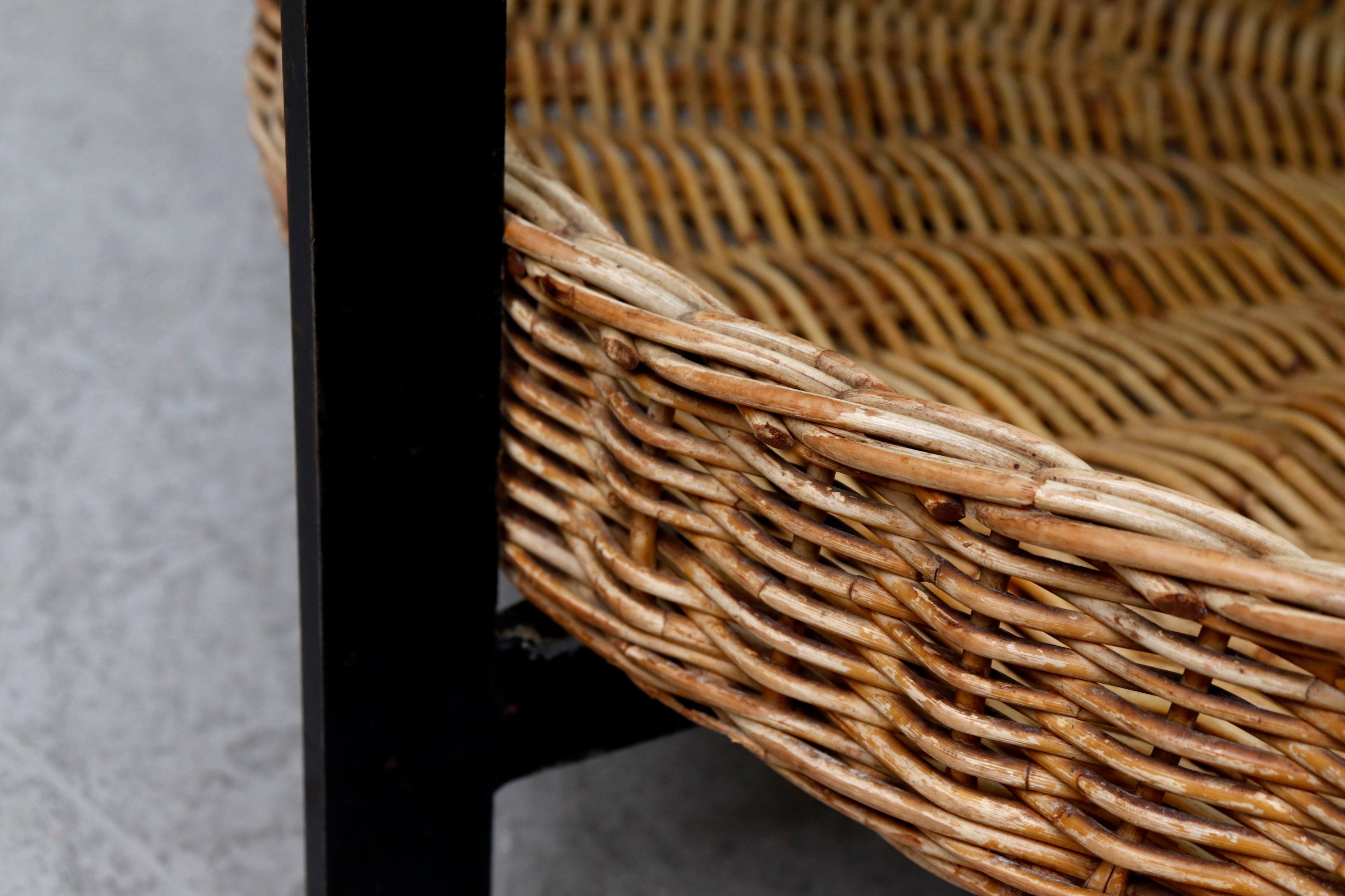 Wicker Mid-Century Modernist Coffee Table with Rattan Basket