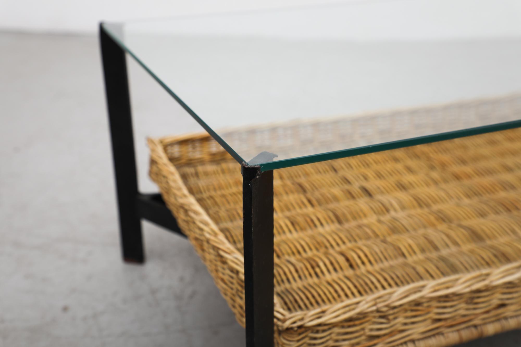 Mid-Century Modern Black Metal Rectangle Coffee Table, Glass Top & Rattan Basket For Sale 3