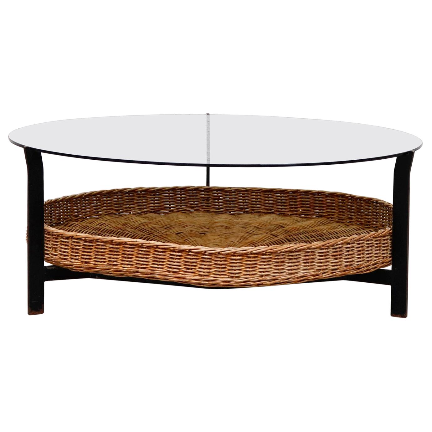 Mid-Century Modernist Coffee Table with Rattan Basket
