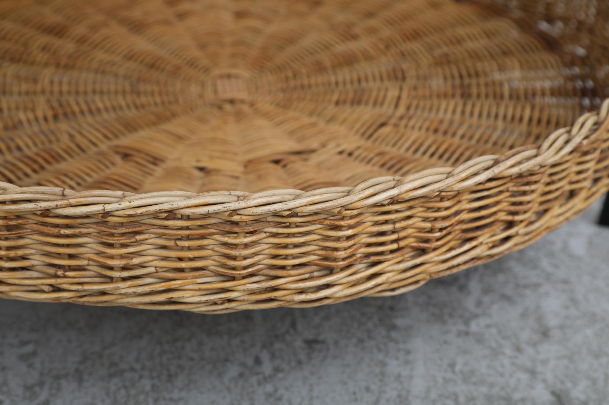Mid-Century Round Modernist Coffee Table with Smoked Glass and Rattan Basket For Sale 2