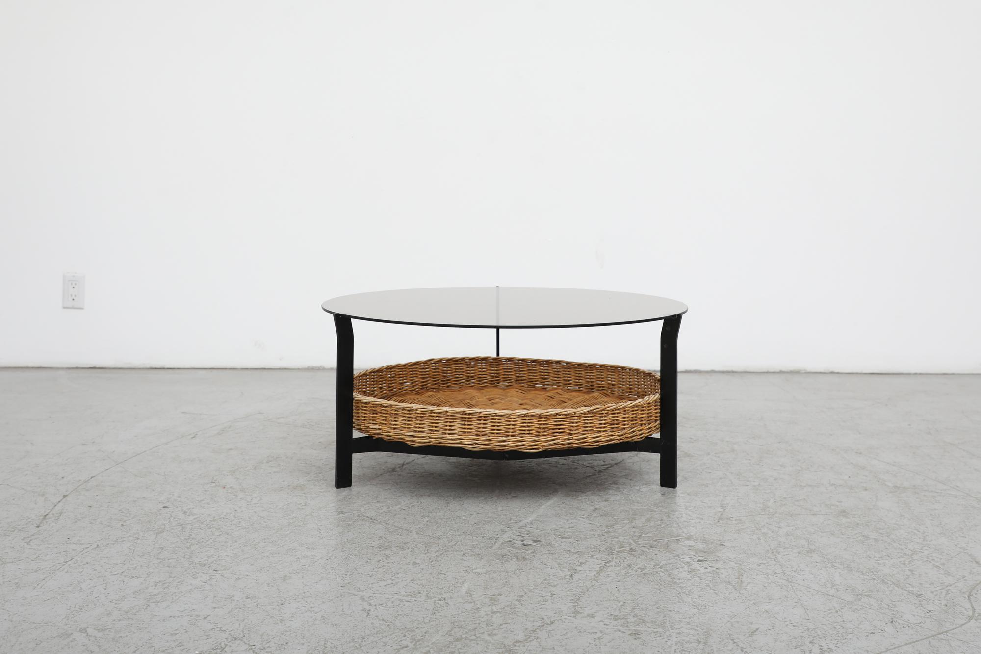 Mid-20th Century Mid-Century Modernist Coffee Table with Smoked Glass and Rattan Basket For Sale