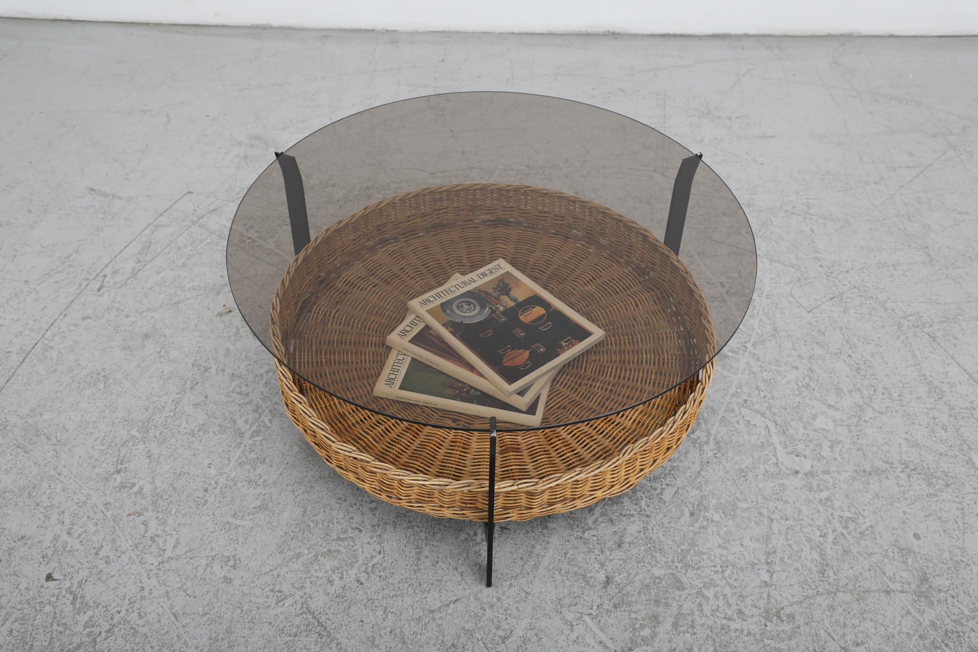 Metal Mid-Century Modernist Coffee Table with Smoked Glass and Rattan Basket For Sale