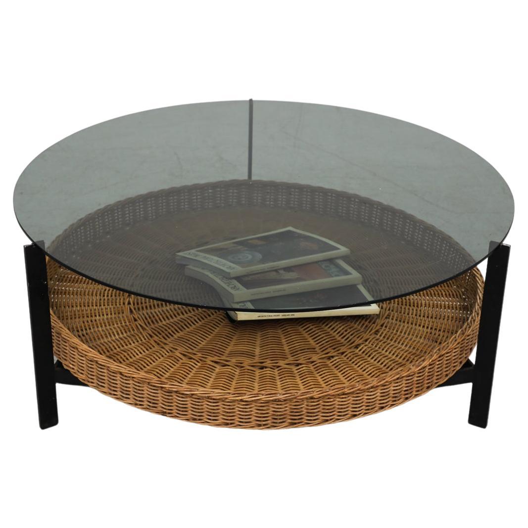 Mid-Century Modernist Coffee Table with Smoked Glass and Rattan Basket ...