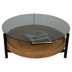Mid-Century Modernist Coffee Table with Smoked Glass and Rattan Basket