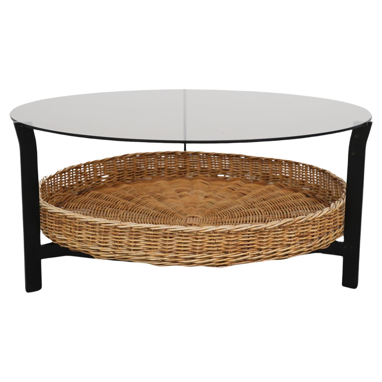 Mid-Century Round Modernist Coffee Table with Smoked Glass and Rattan Basket For Sale