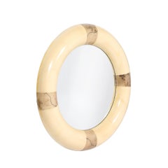Mid-Century Modernist Cream Lacquered Goat Skin Round Mirror by Karl Springer
