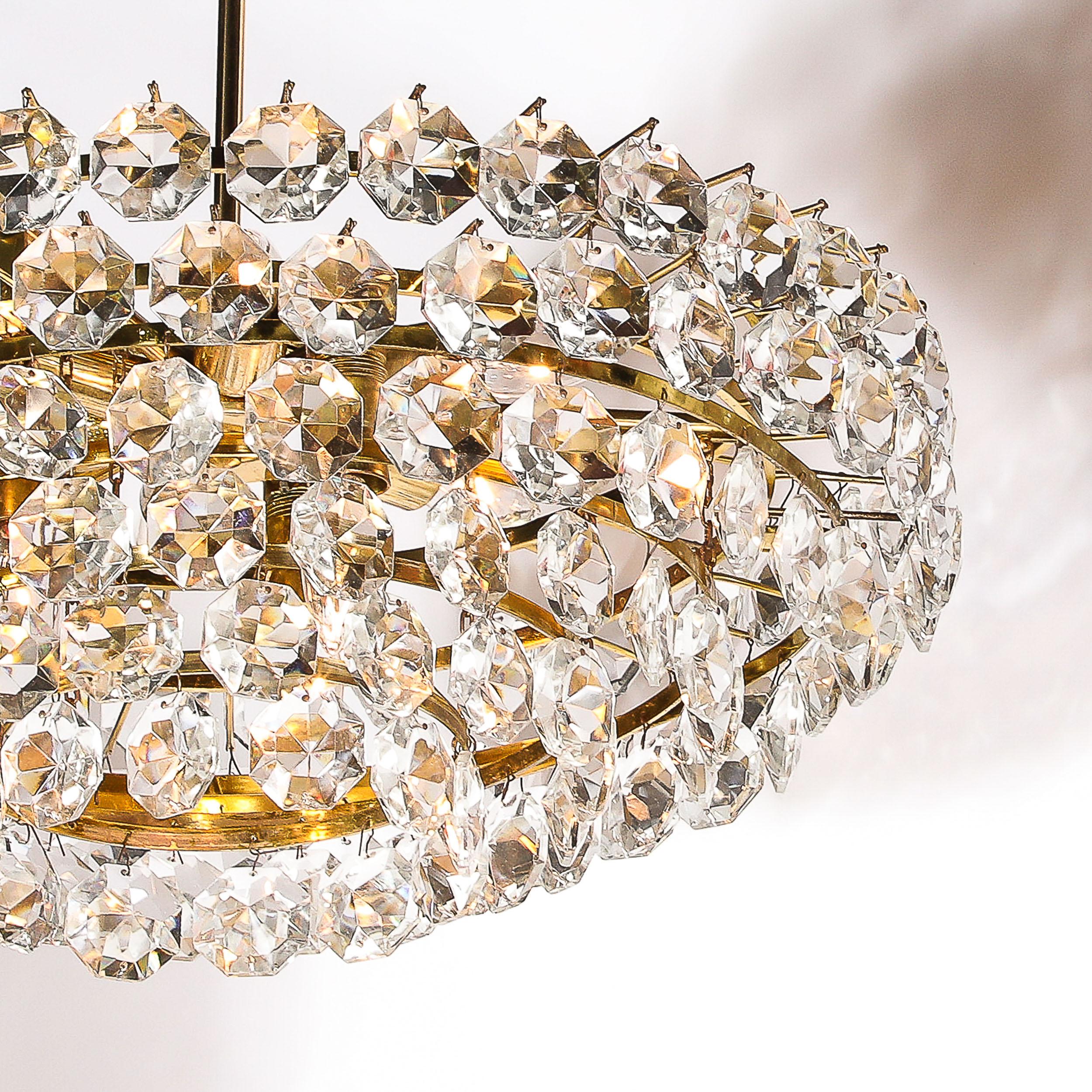 Austrian Mid-Century Modernist Crystal & Polished Brass Chandelier by Bakalowits & Sohne For Sale