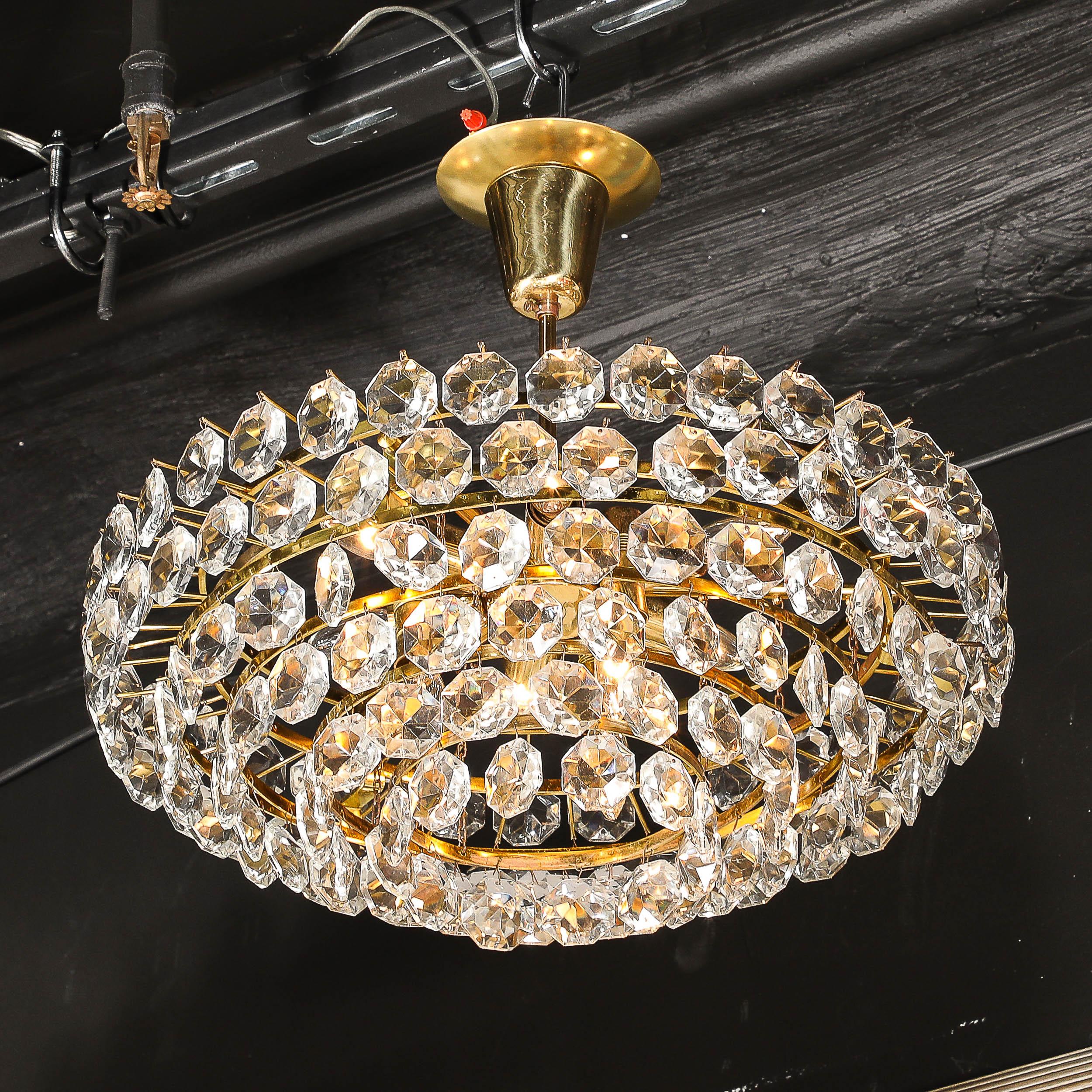 Mid-Century Modernist Crystal & Polished Brass Chandelier by Bakalowits & Sohne In Excellent Condition For Sale In New York, NY