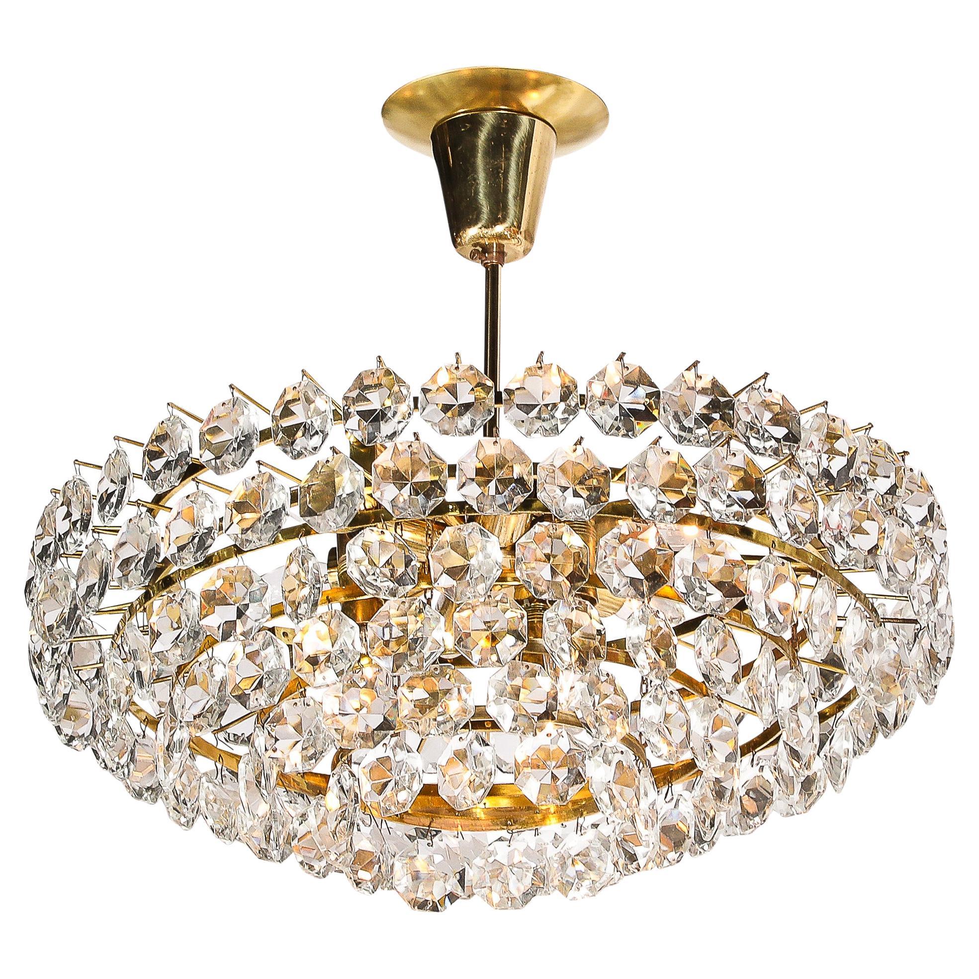 Lampadario modernista di metà secolo in cristallo e ottone lucido di Bakalowits & Sohn