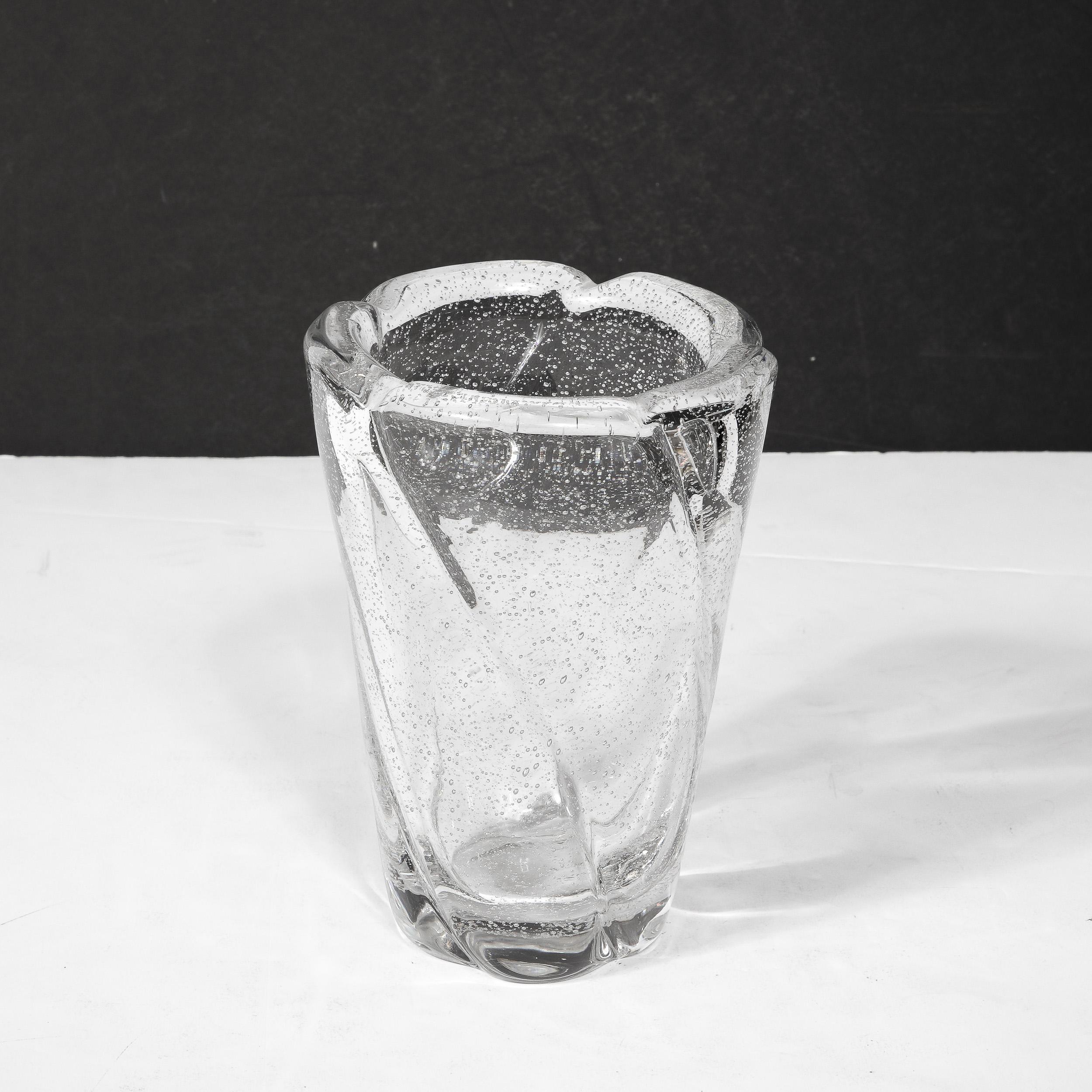 Mid-Century Modernist Crystal Softened Spiral Fluted Vase w/ Murines signed Daum For Sale 4