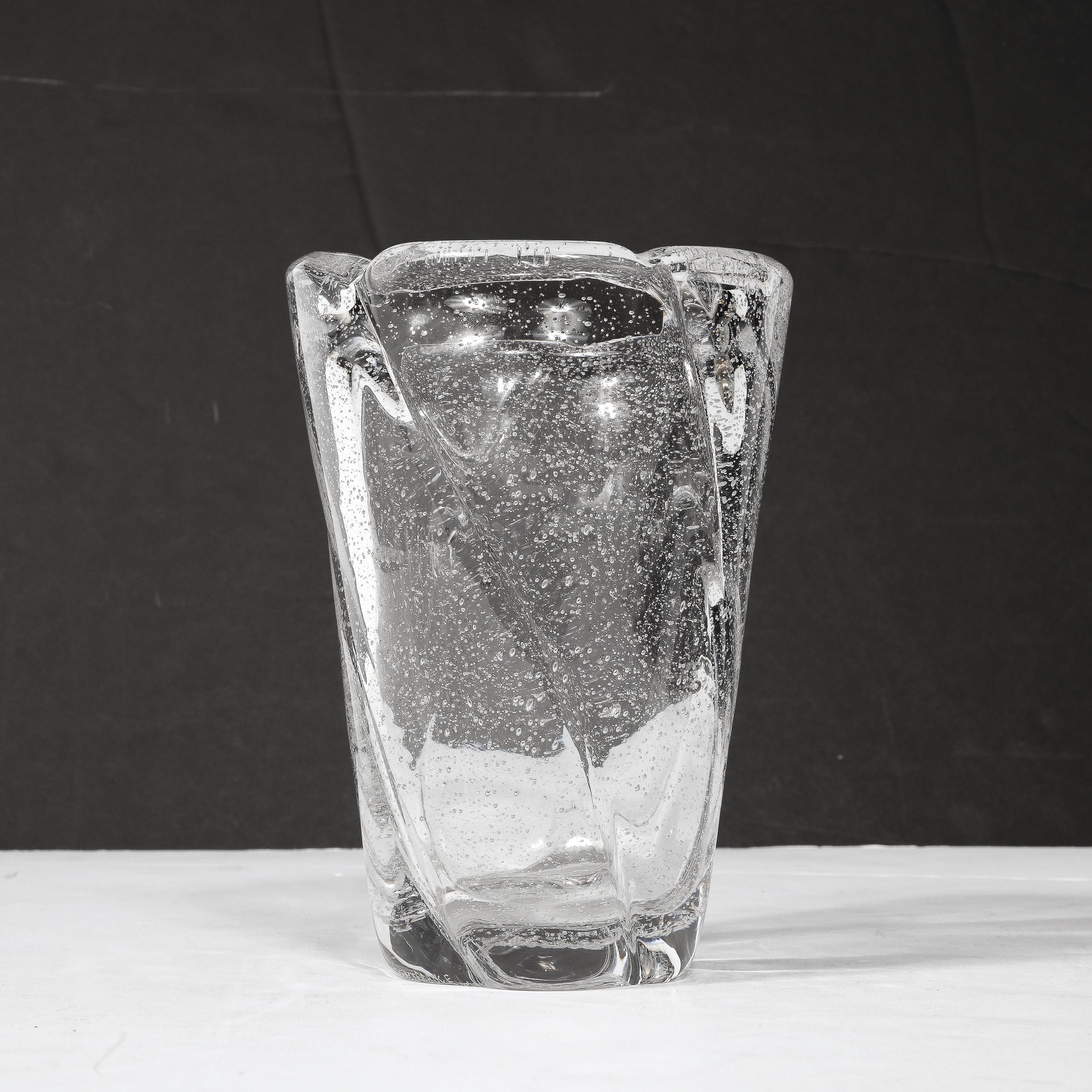 Mid-Century Modernist Crystal Softened Spiral Fluted Vase w/ Murines signed Daum For Sale 5