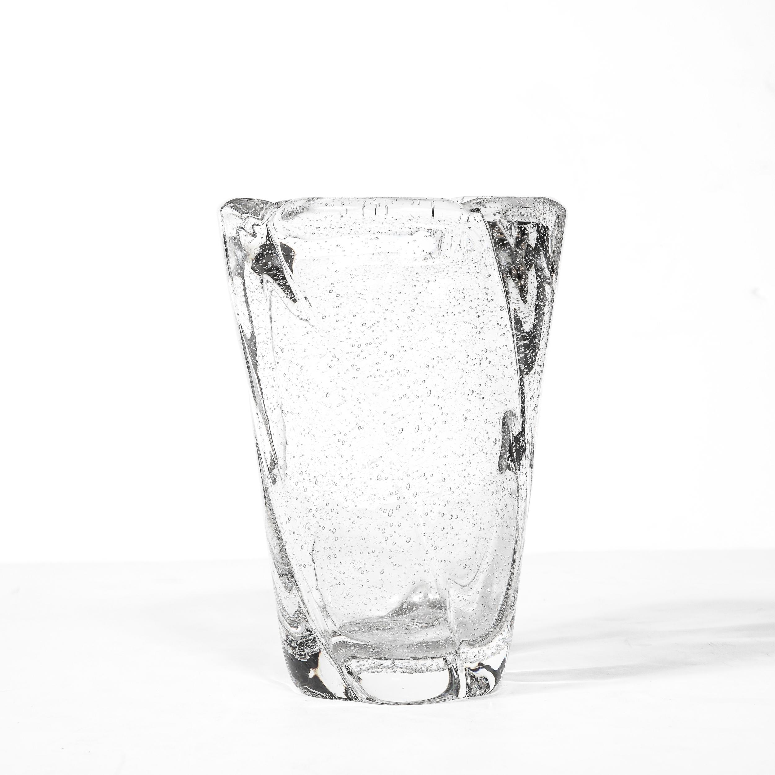 Glass Mid-Century Modernist Crystal Softened Spiral Fluted Vase w/ Murines signed Daum For Sale