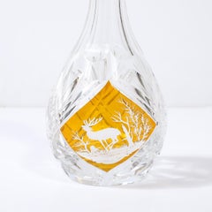Mid-Century Modernist Cut Crystal Decanter W/ Engraved Naturalist Scene in Amber