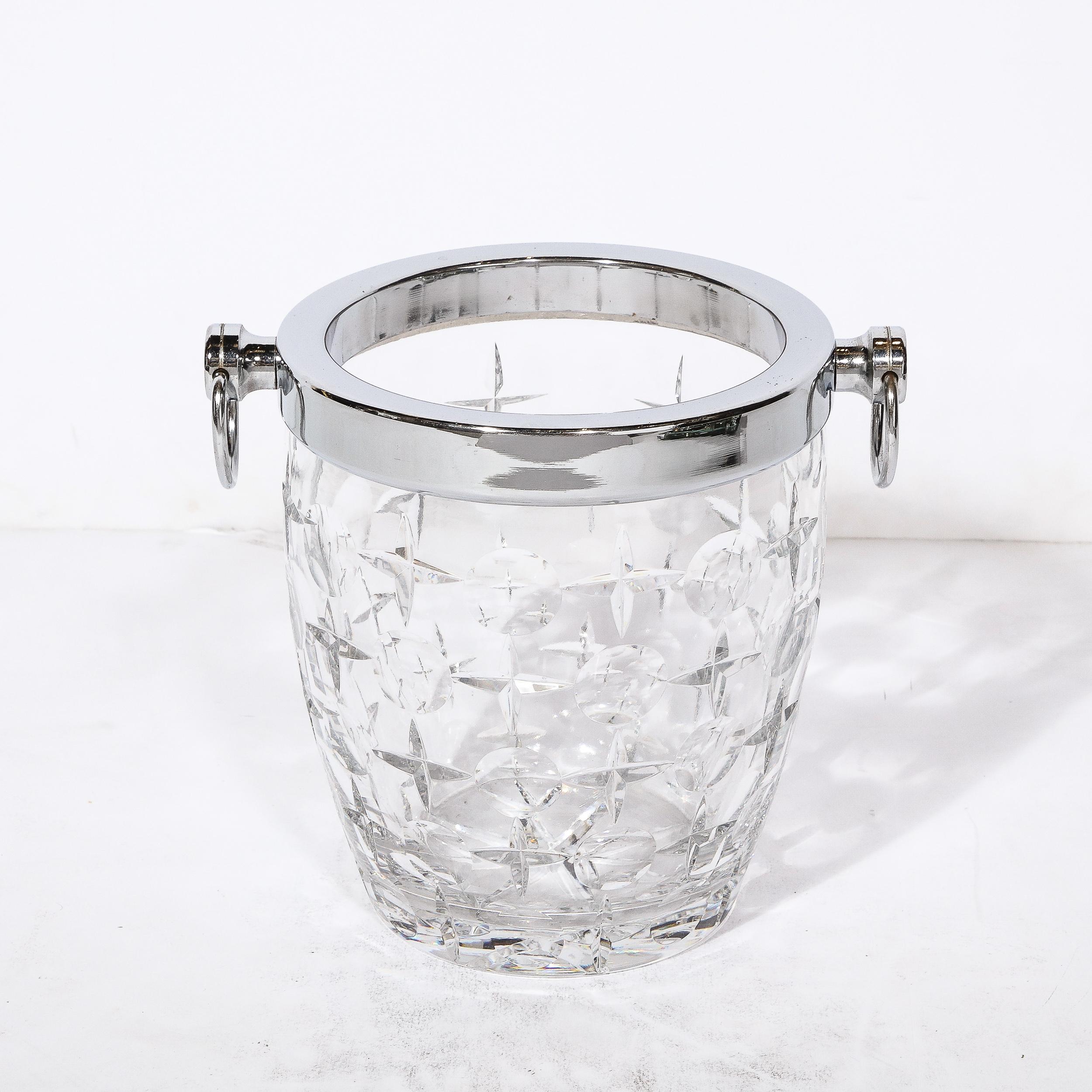 Mid-Century Modernist Cut Crystal Ice Bucket with Chrome Fittings & Loop Handles For Sale 5