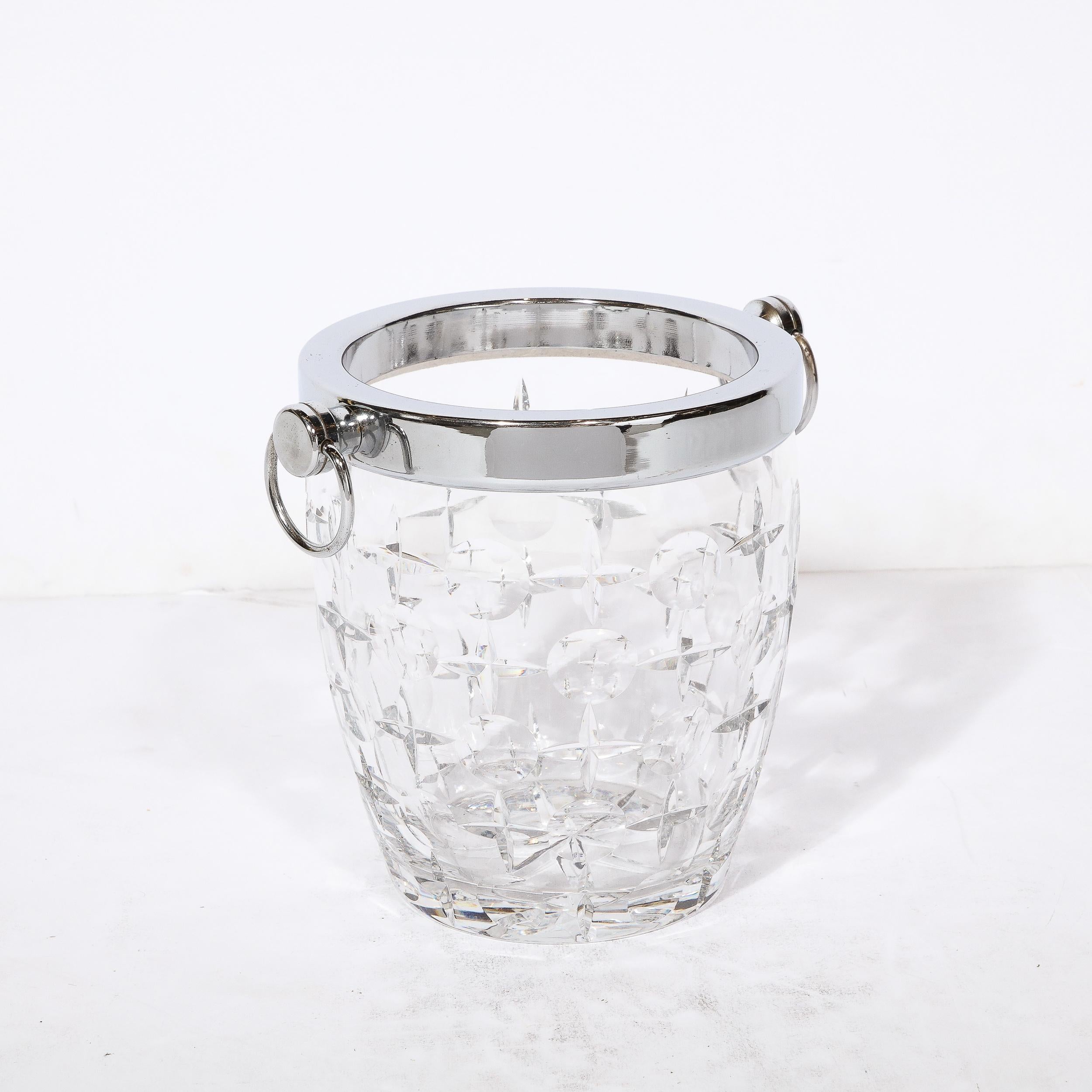 French Mid-Century Modernist Cut Crystal Ice Bucket with Chrome Fittings & Loop Handles For Sale