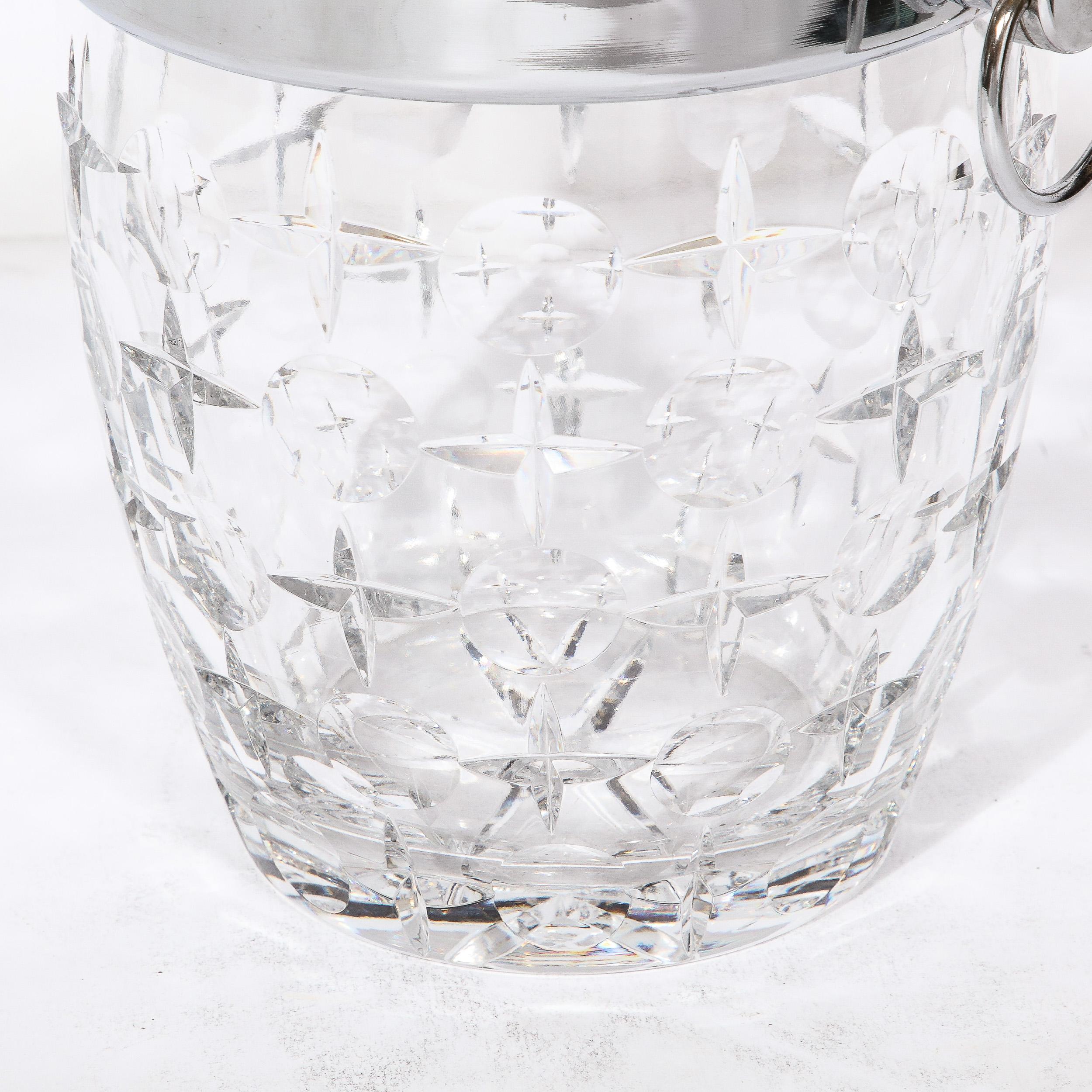 Mid-Century Modernist Cut Crystal Ice Bucket with Chrome Fittings & Loop Handles For Sale 3