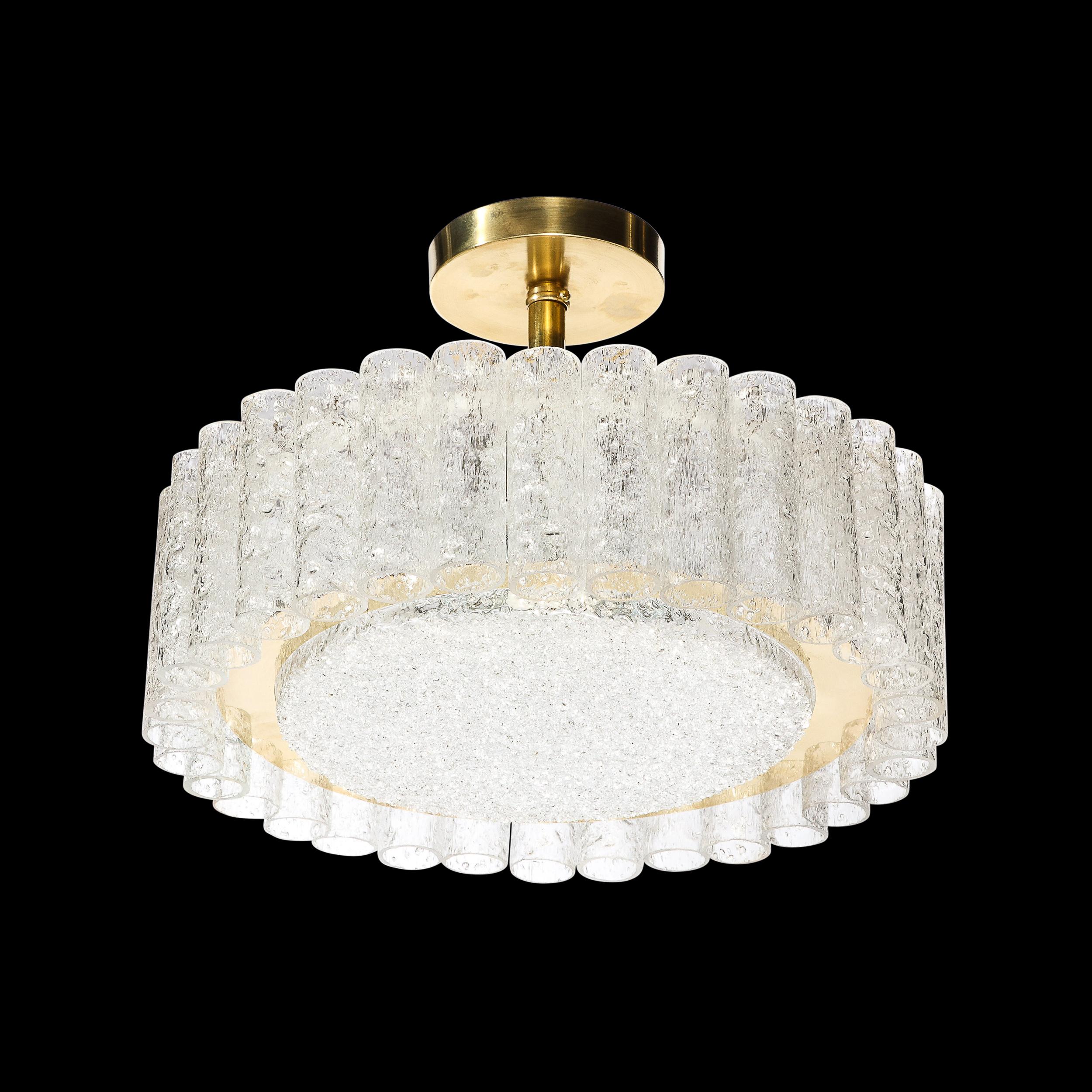 This sophisticated  Mid-Century Modernist Circular Flush Mount Chandelier is created by Doria Leuchten and originates from Austria, Circa 1960. Features a lovely arrangement of mottled and textured glass elements, with a series of identical