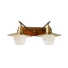 Applique moderniste du milieu du siècle à deux têtes en laiton et verre dépoli sur bois de teck
