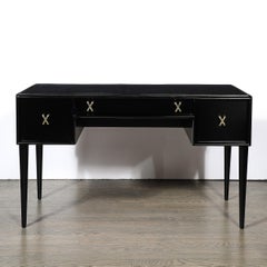 Mid-Century Modernist Ebonized Walnut Desk w/ Brass X Form Pulls by Paul Frankl
