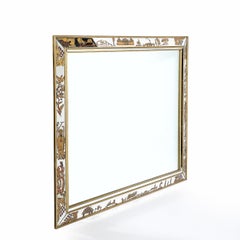 Mid-Century Modernist Eglomise & Giltwood Stylized Chinoiserie Bordered Mirror