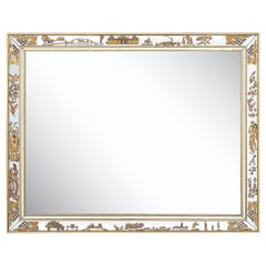 Mid-Century Modernist Eglomise & Giltwood Stylized Chinoiserie Bordered Mirror