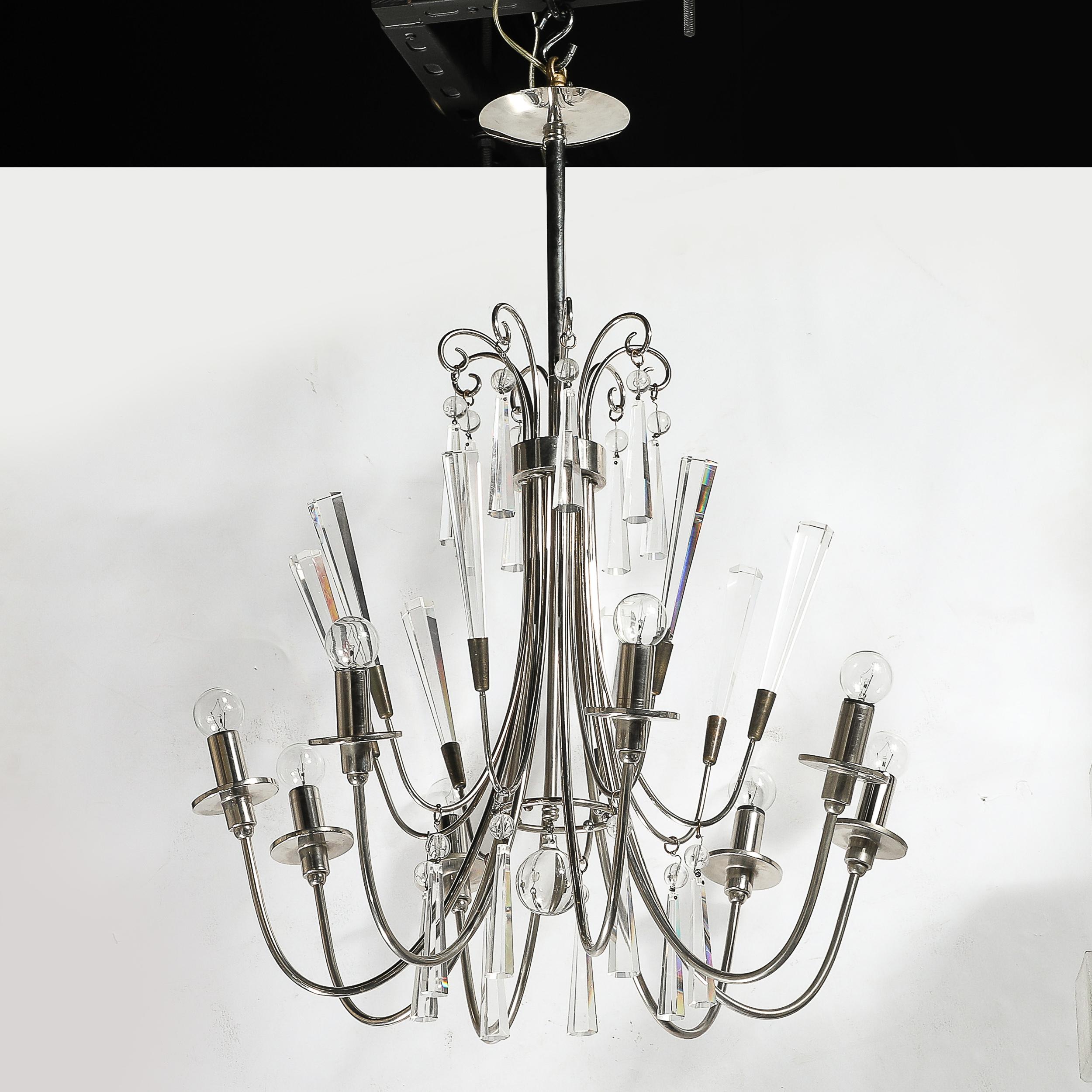 Lampadario a otto bracci in cristallo tagliato e nichel lucido in stile Mid-Century Modernist in vendita 4