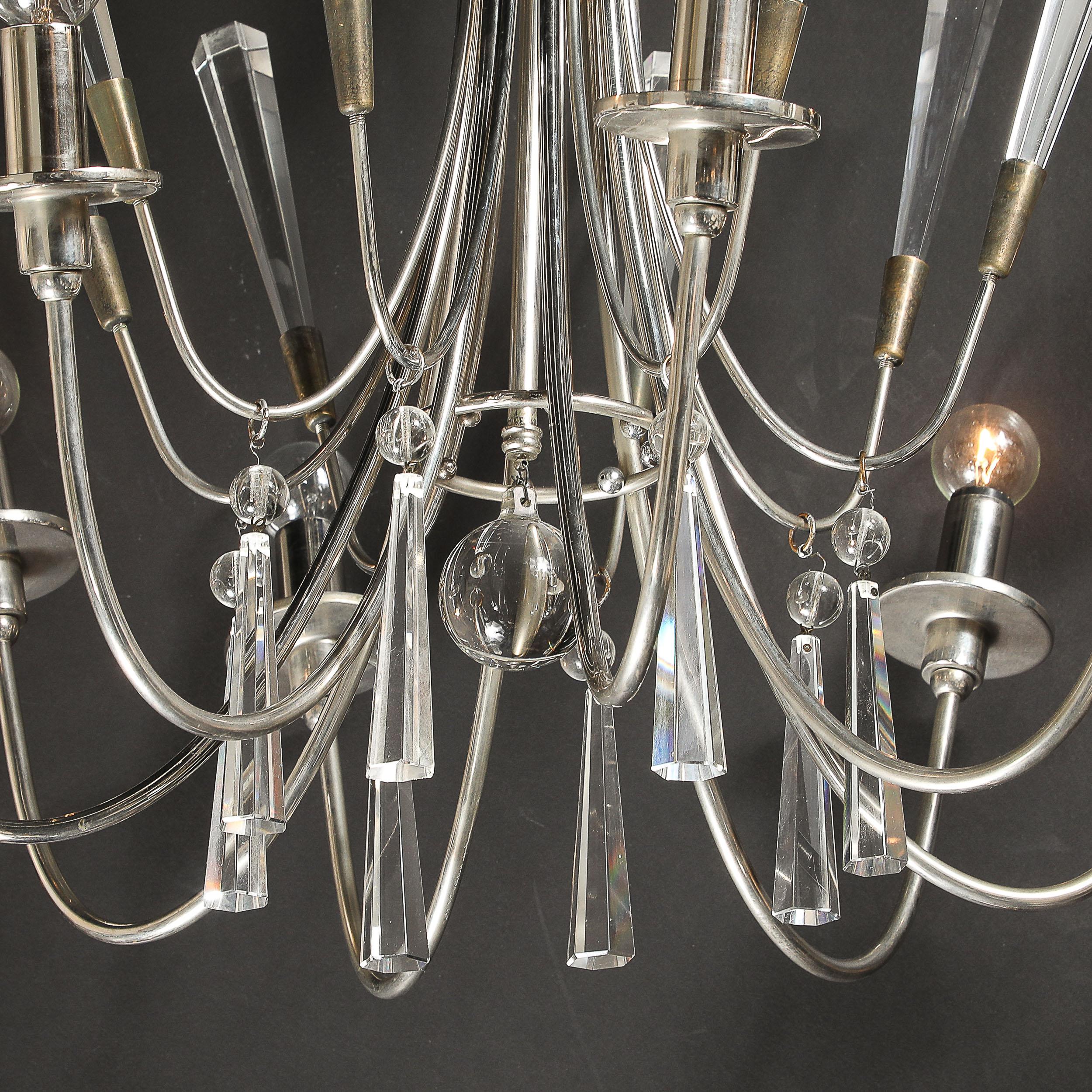Lampadario a otto bracci in cristallo tagliato e nichel lucido in stile Mid-Century Modernist in vendita 7