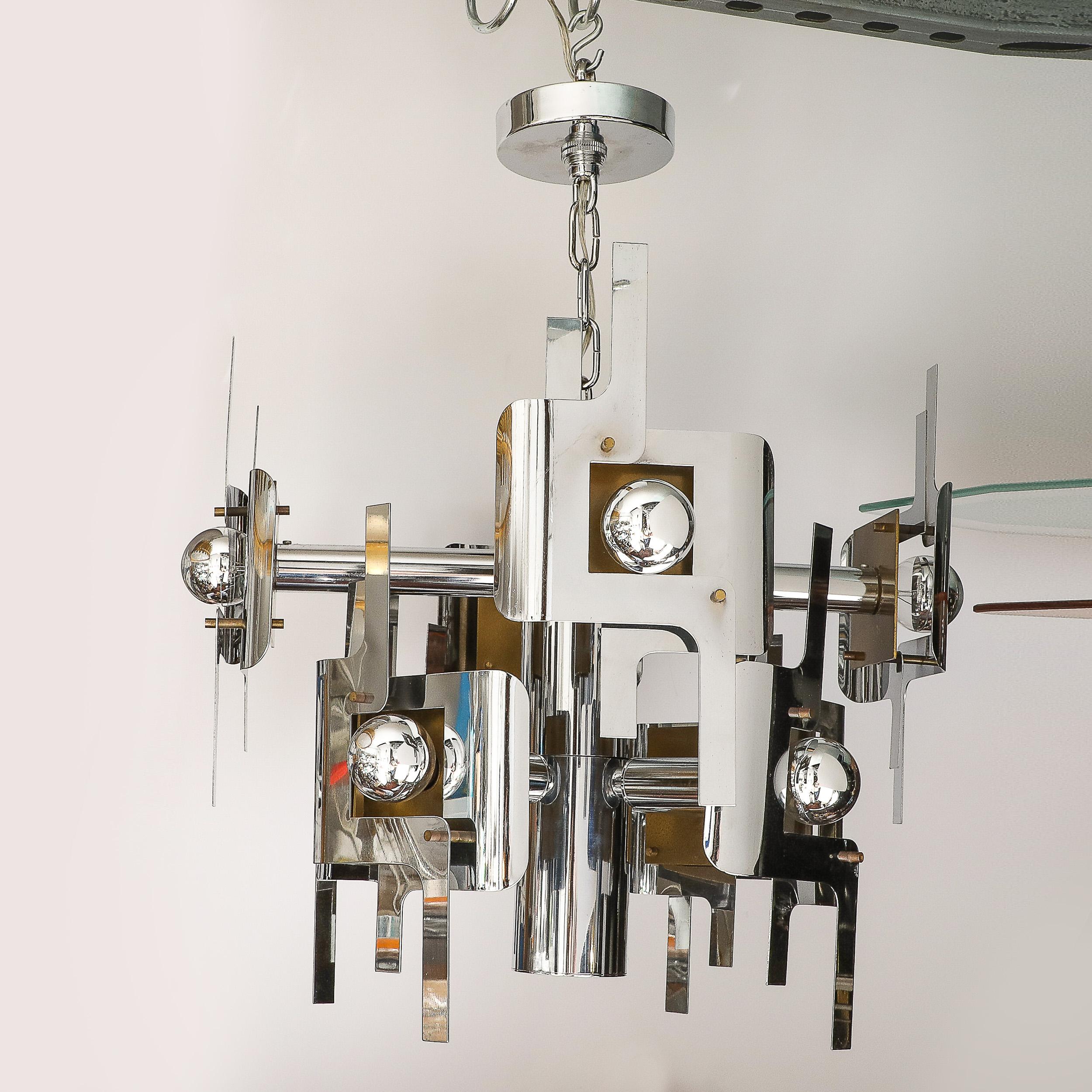 Italian Mid-Century Modernist Eight Arm Chrome & Brass Chandelier by Gaetano Sciolari For Sale