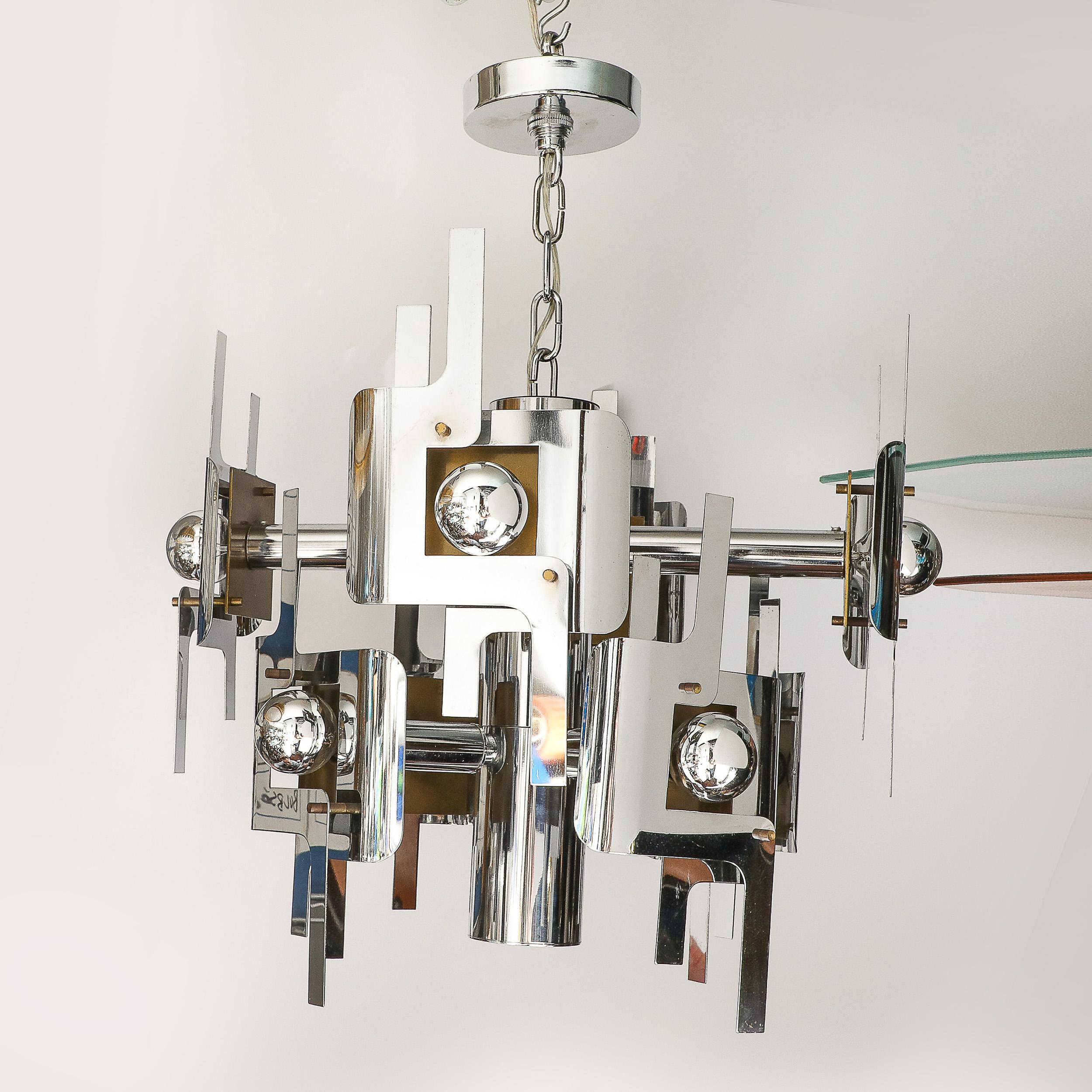 Mid-Century Modernist Eight Arm Chrome & Brass Chandelier by Gaetano Sciolari In Excellent Condition For Sale In New York, NY