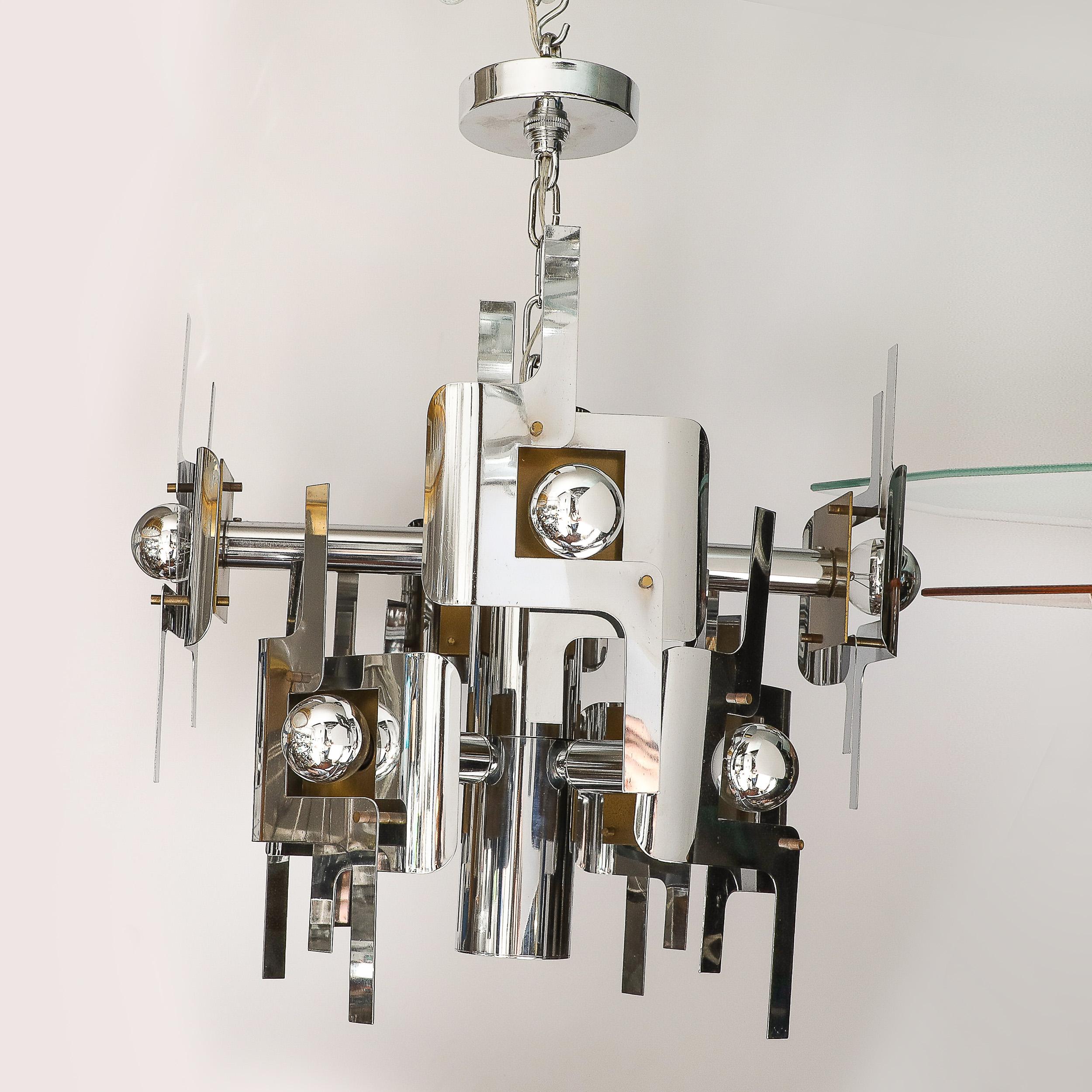 Late 20th Century Mid-Century Modernist Eight Arm Chrome & Brass Chandelier by Gaetano Sciolari For Sale