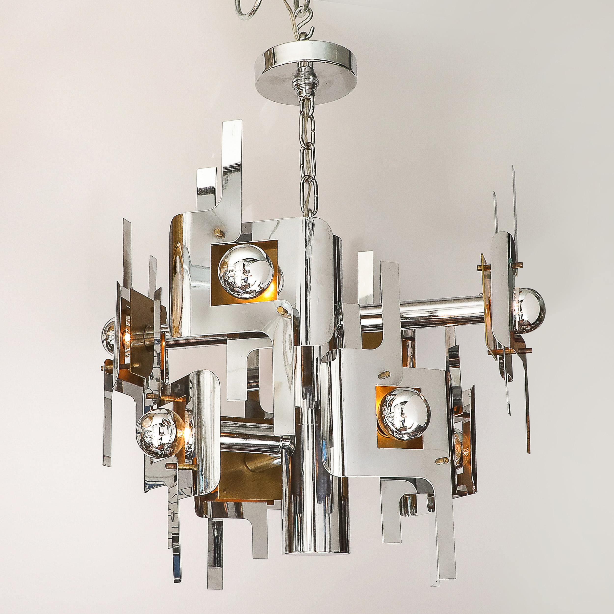 Mid-Century Modernist Eight Arm Chrome & Brass Chandelier by Gaetano Sciolari For Sale 2