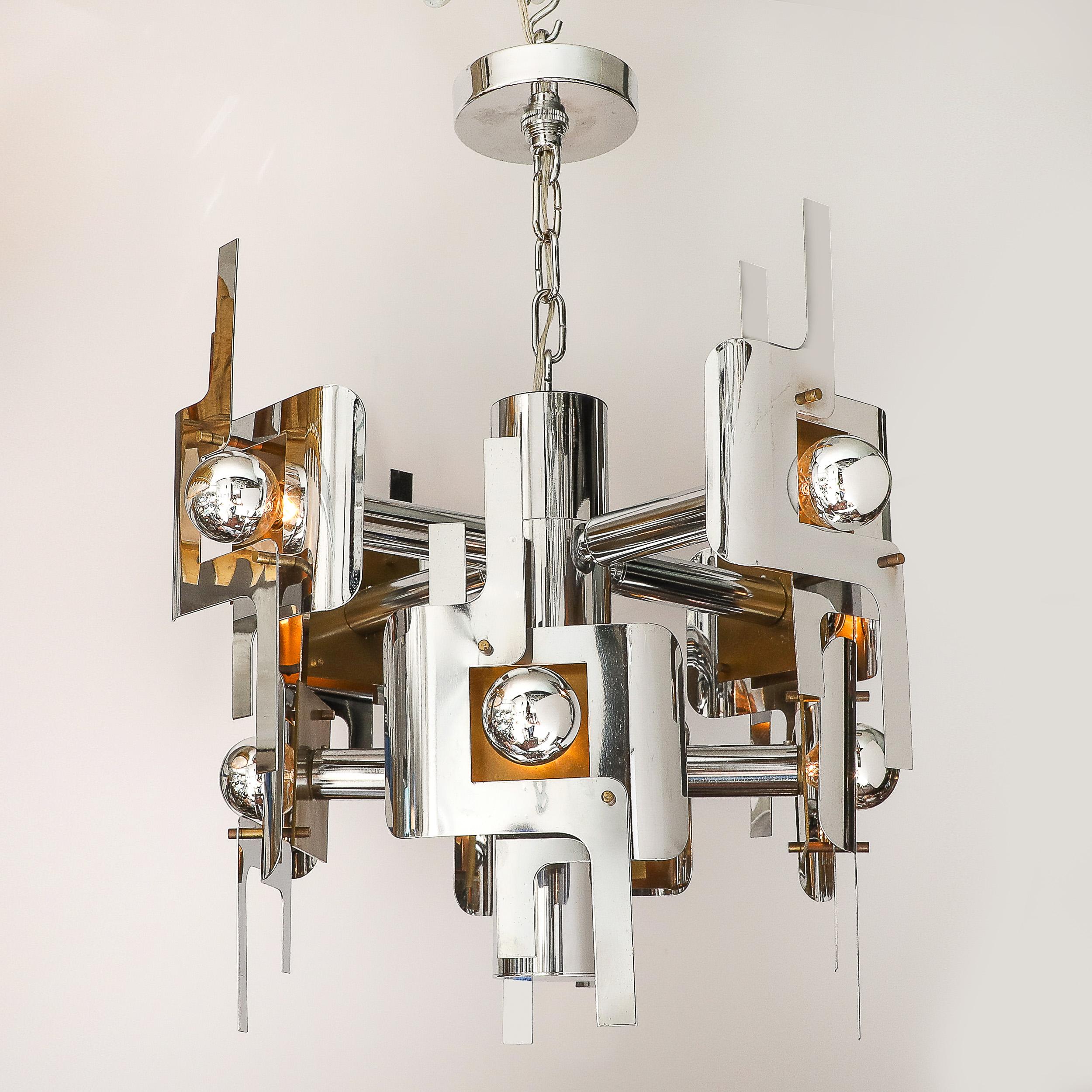 Mid-Century Modernist Eight Arm Chrome & Brass Chandelier by Gaetano Sciolari For Sale 4