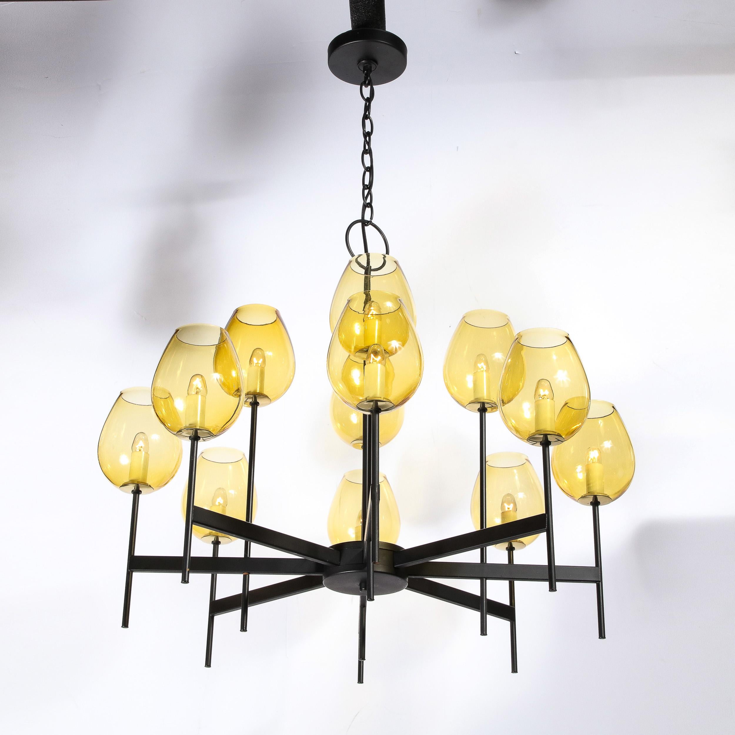 Mid-Century Modernist Eight Arm Smoked Citrine Glass Chandelier by Lightolier For Sale 7