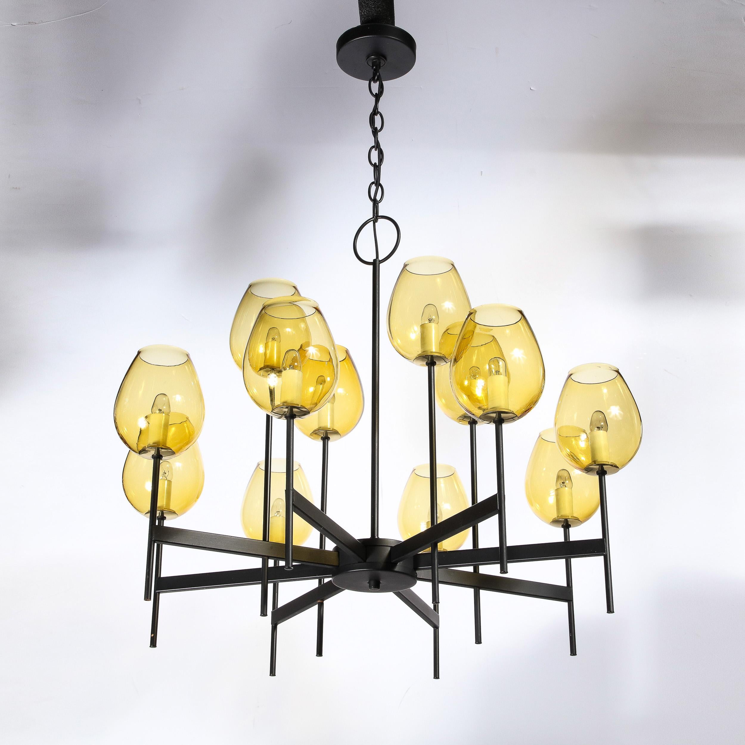 Mid-Century Modernist Eight Arm Smoked Citrine Glass Chandelier by Lightolier For Sale 8
