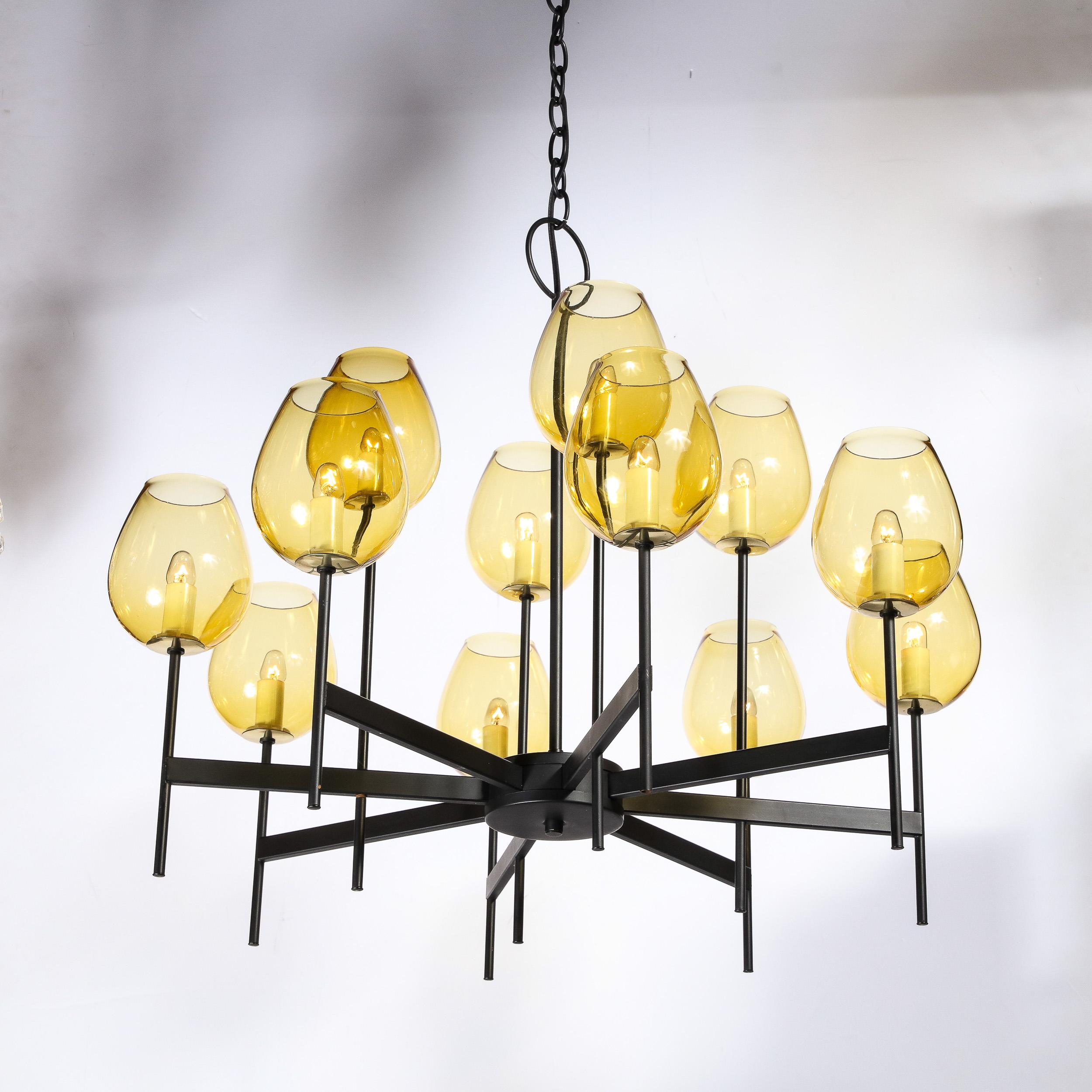 American Mid-Century Modernist Eight Arm Smoked Citrine Glass Chandelier by Lightolier For Sale