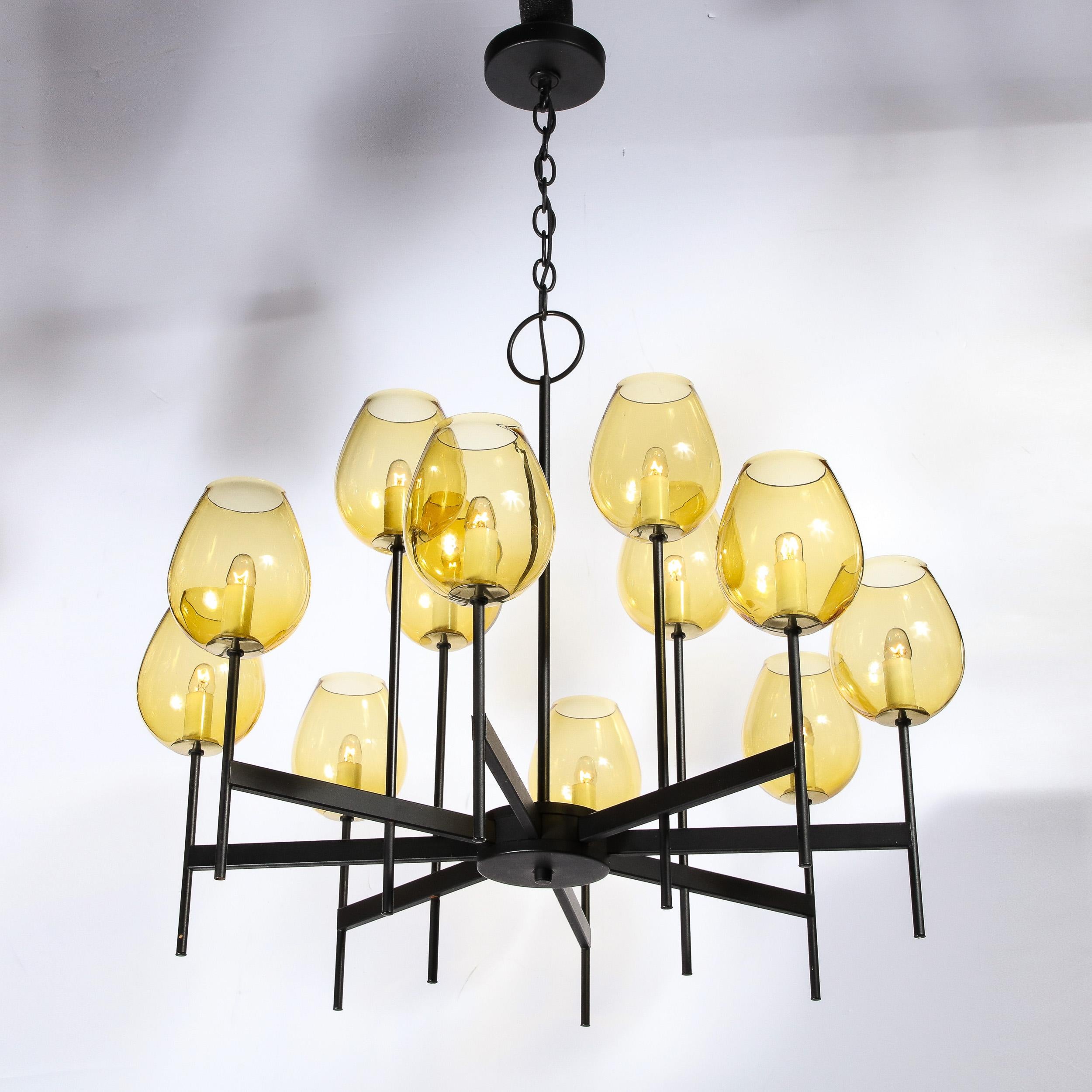 Mid-Century Modernist Eight Arm Smoked Citrine Glass Chandelier by Lightolier In Excellent Condition For Sale In New York, NY