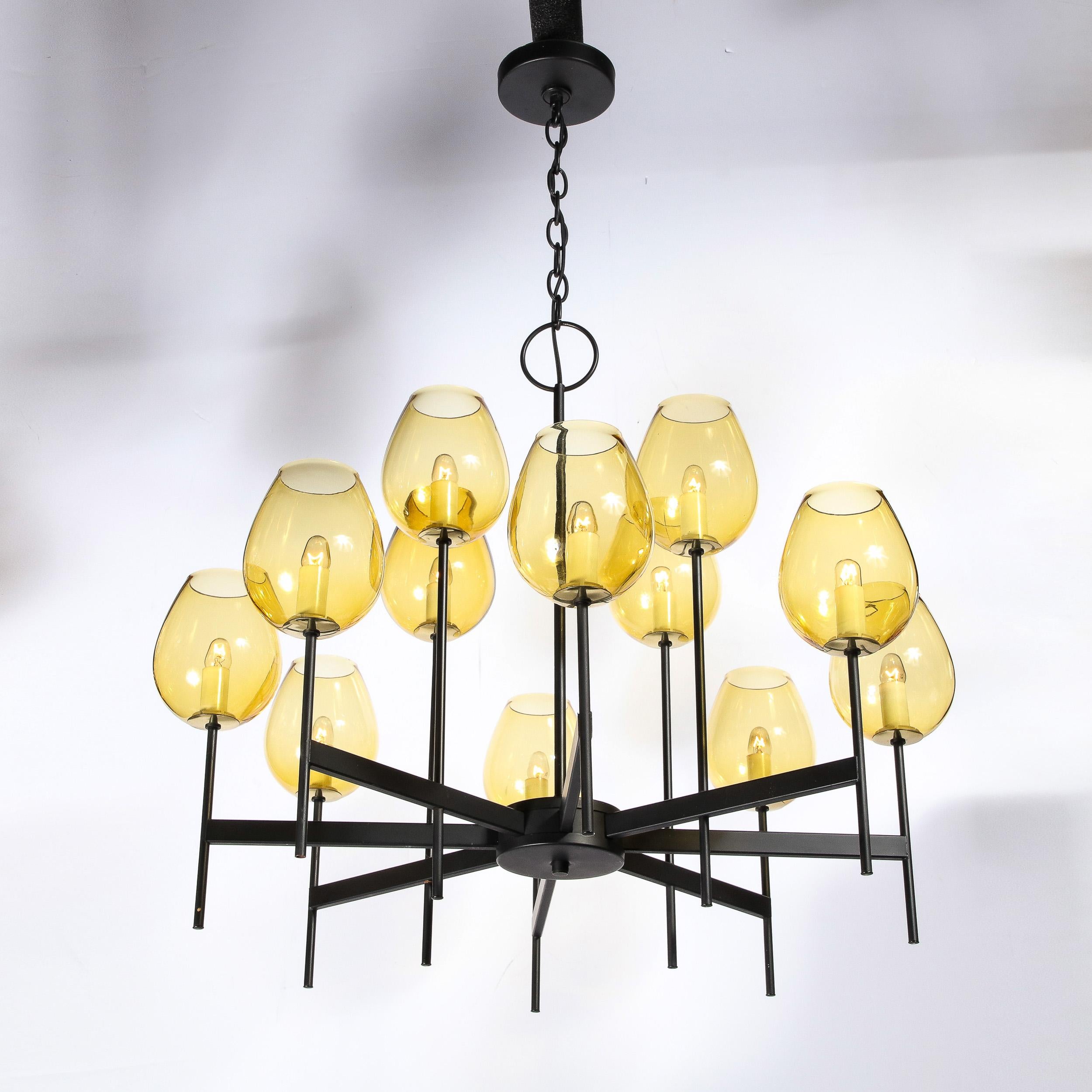 Late 20th Century Mid-Century Modernist Eight Arm Smoked Citrine Glass Chandelier by Lightolier For Sale