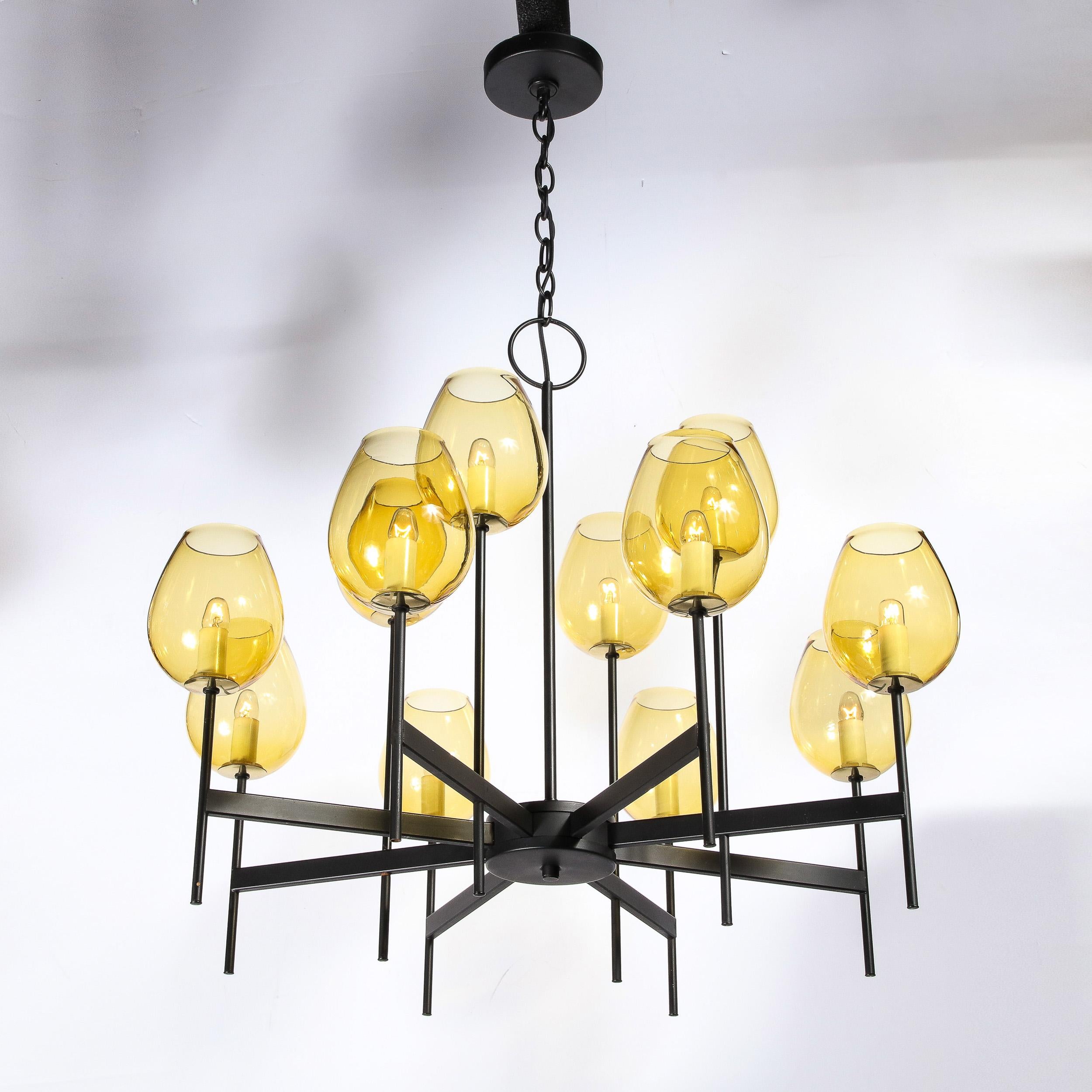 Metal Mid-Century Modernist Eight Arm Smoked Citrine Glass Chandelier by Lightolier