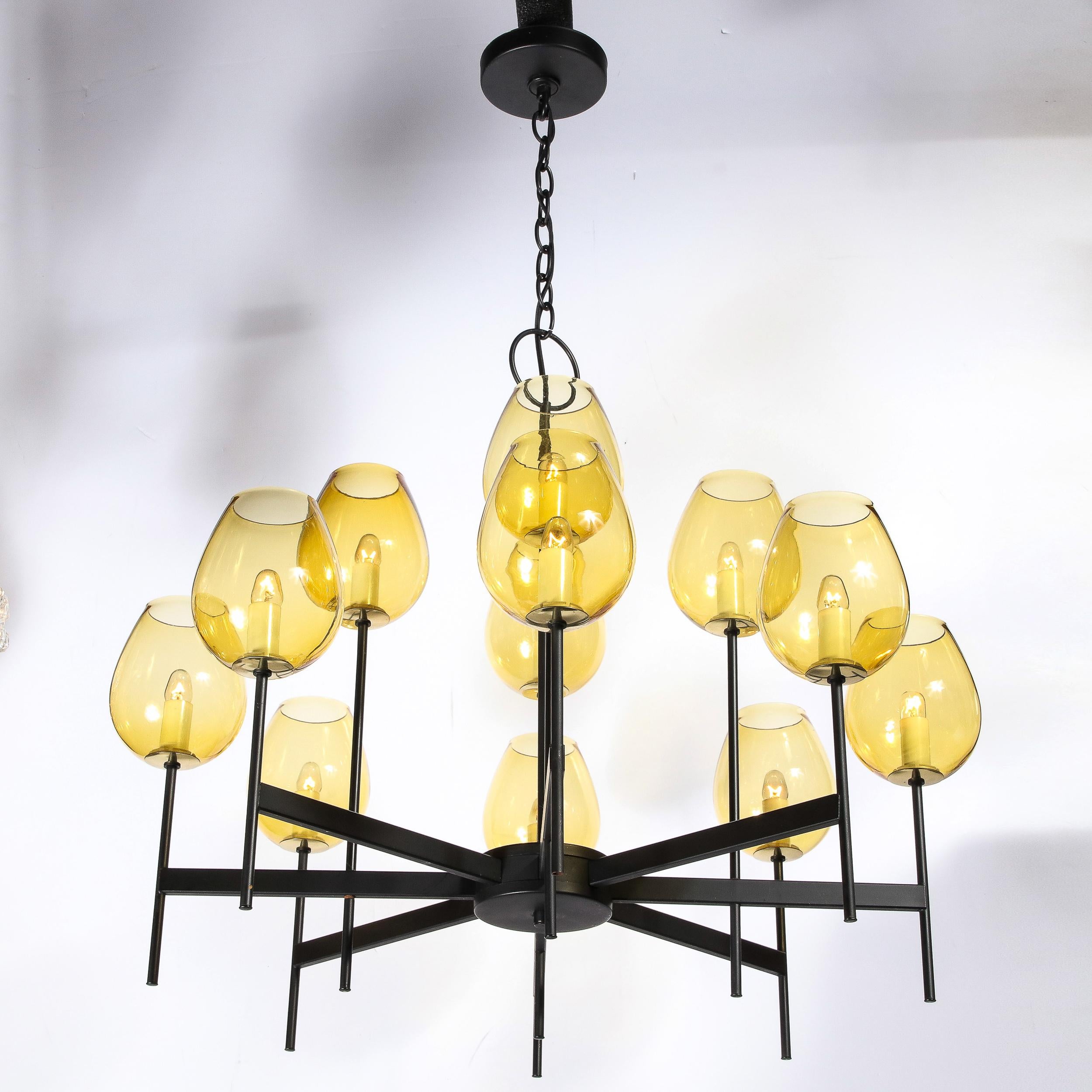 Mid-Century Modernist Eight Arm Smoked Citrine Glass Chandelier by Lightolier For Sale 1