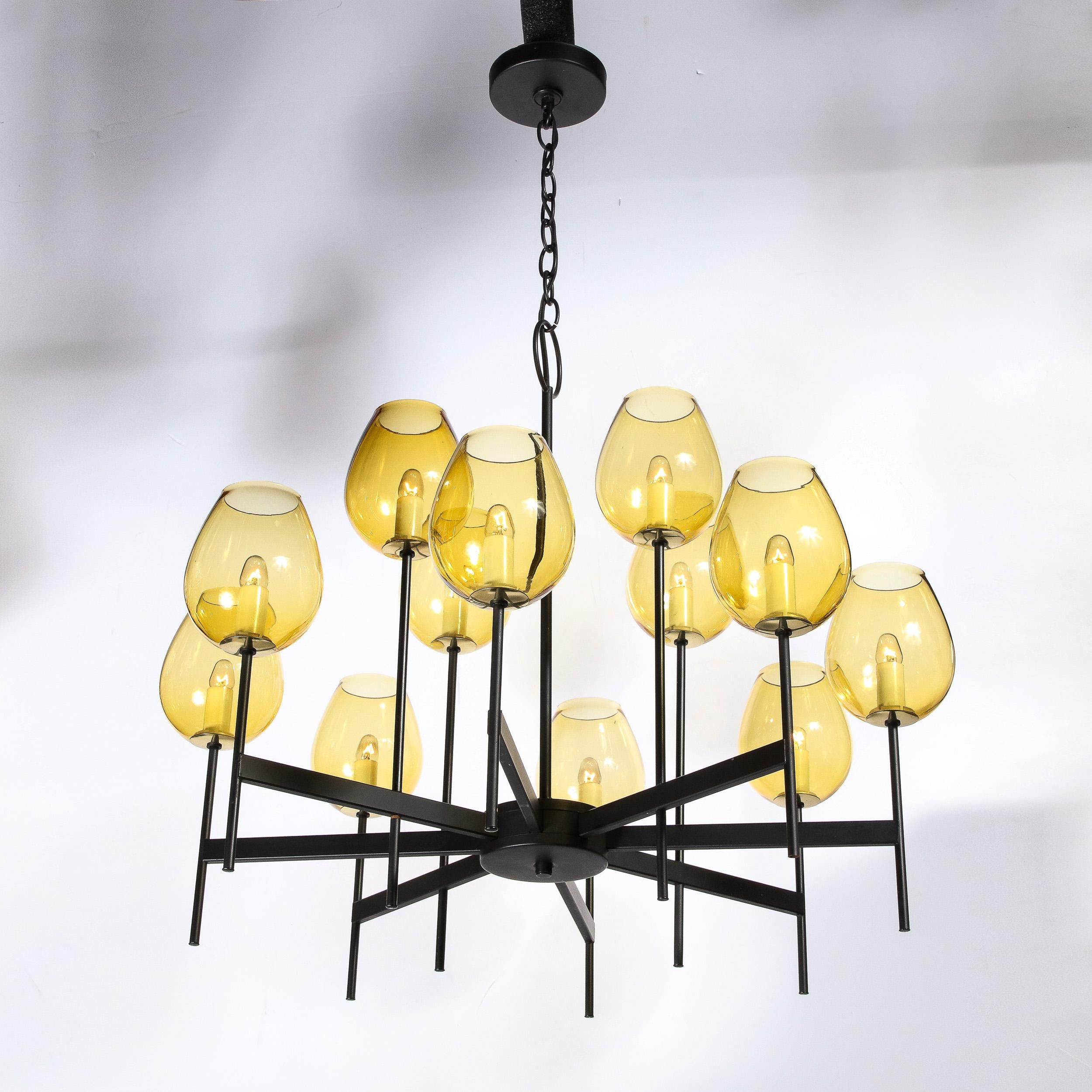 Mid-Century Modernist Eight Arm Smoked Citrine Glass Chandelier by Lightolier For Sale 2